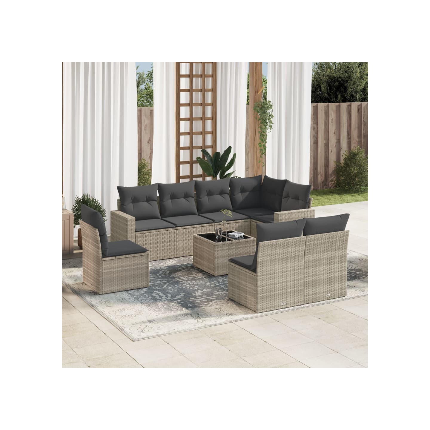 Salon de jardin 9 pcs avec coussins gris clair résine tressée