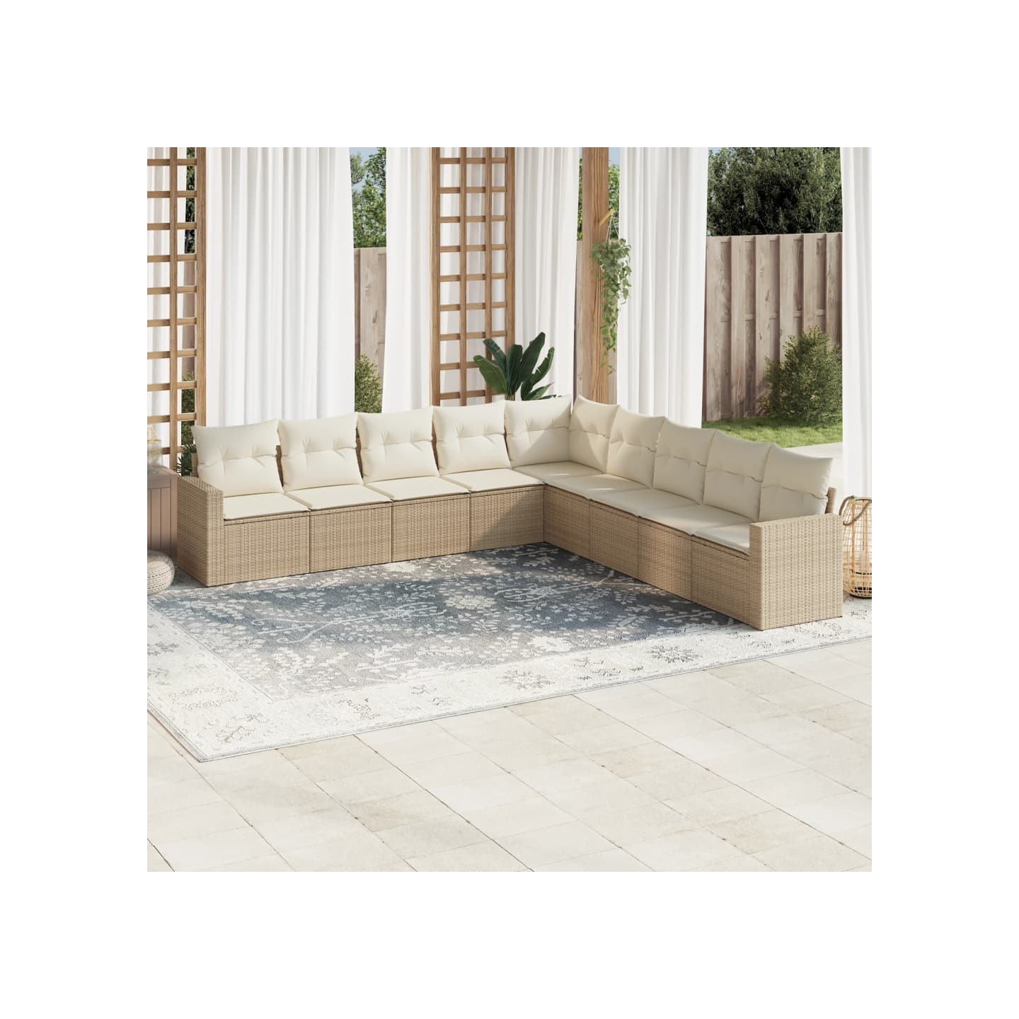 Salon de jardin avec coussins 9 pcs beige résine tressée