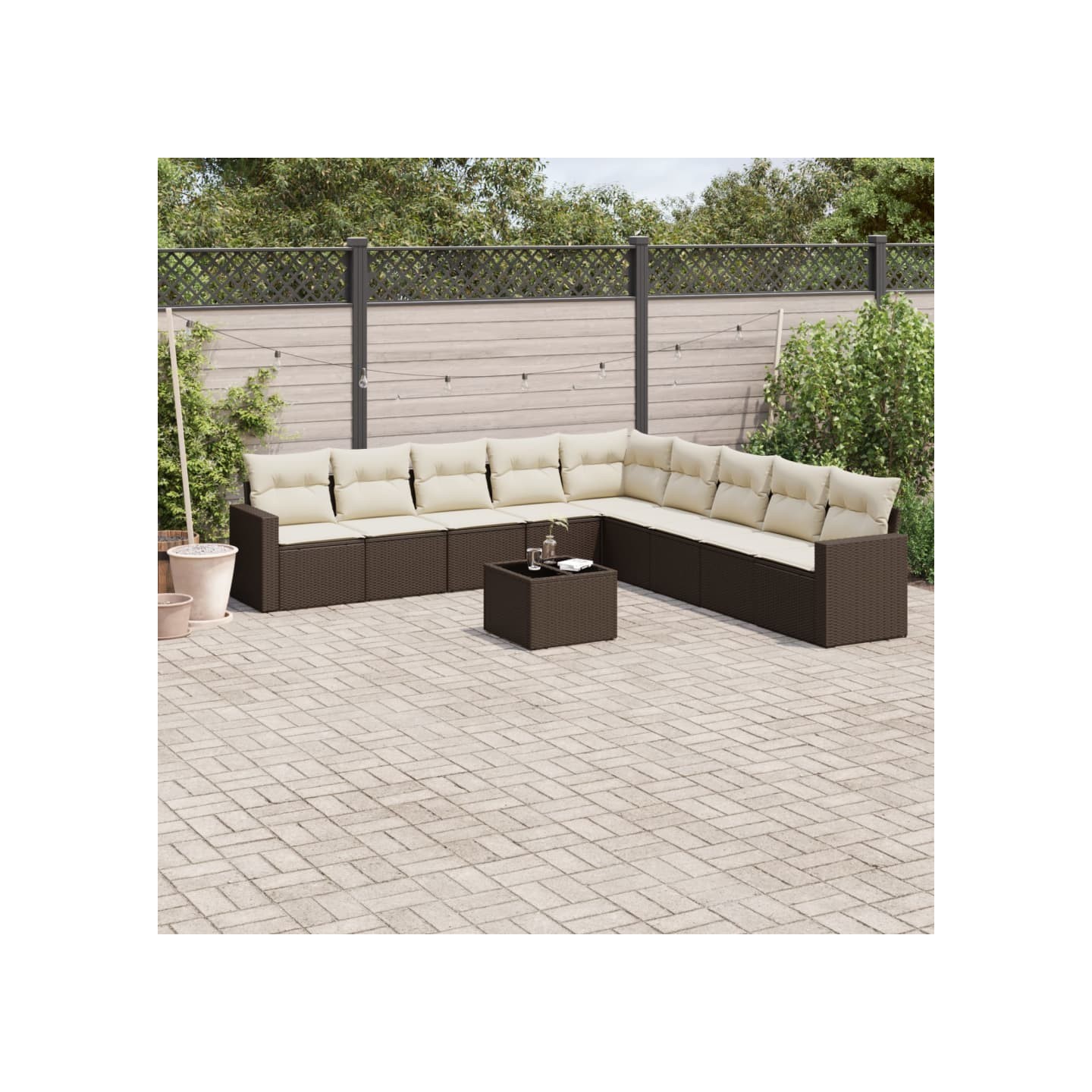 Salon de jardin 10 pcs avec coussins marron résine tressée