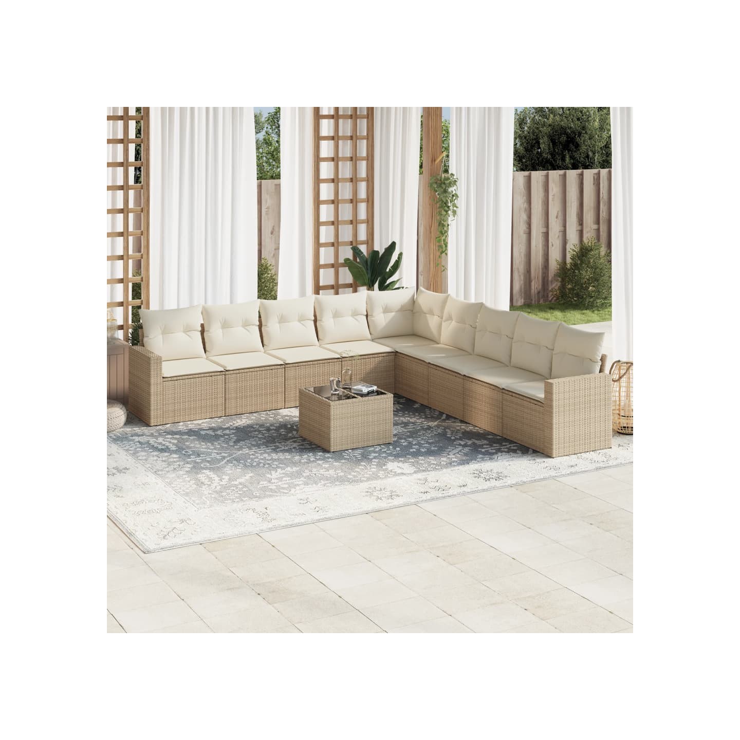 Salon de jardin avec coussins 10 pcs beige résine tressée