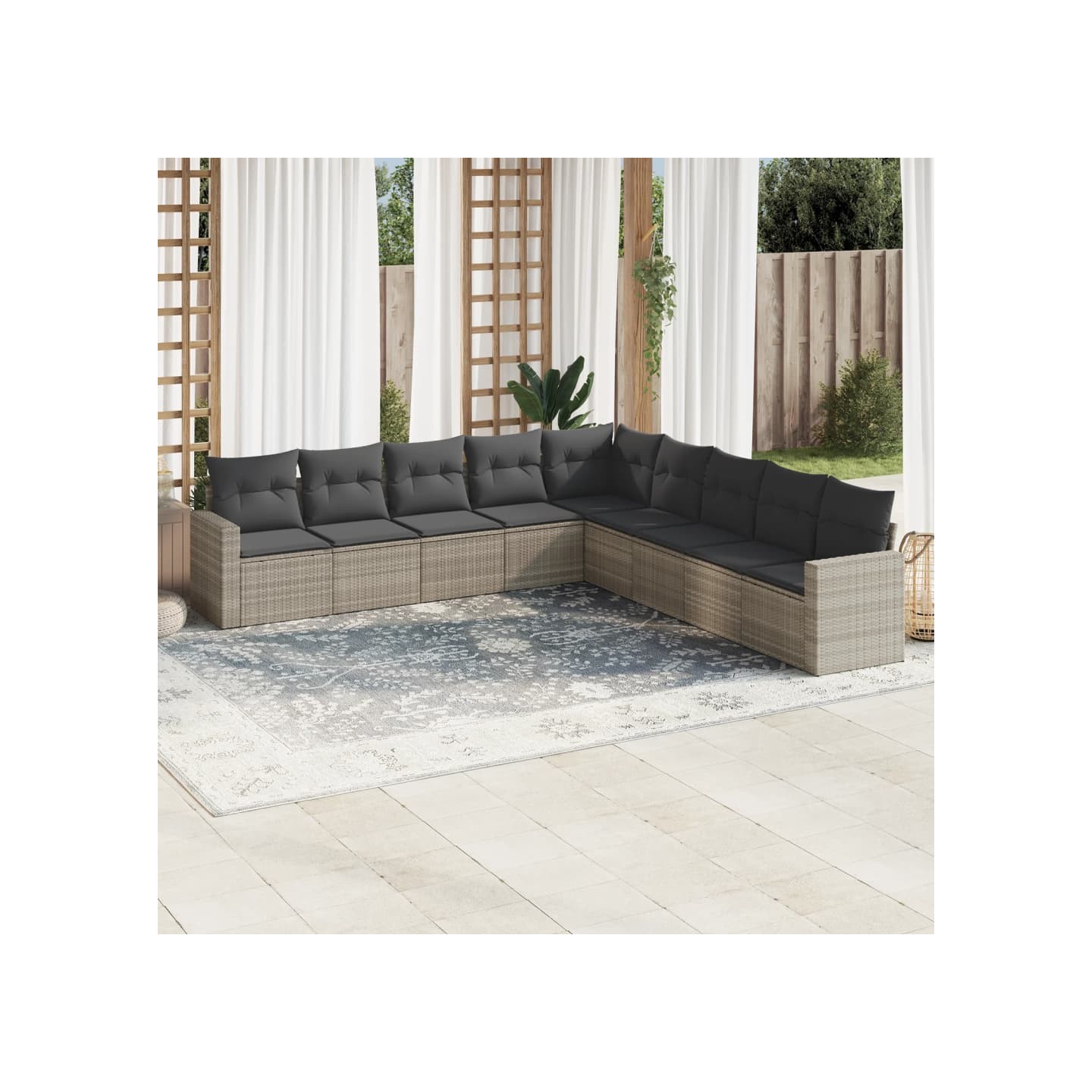 Salon de jardin 9 pcs avec coussins gris clair résine tressée