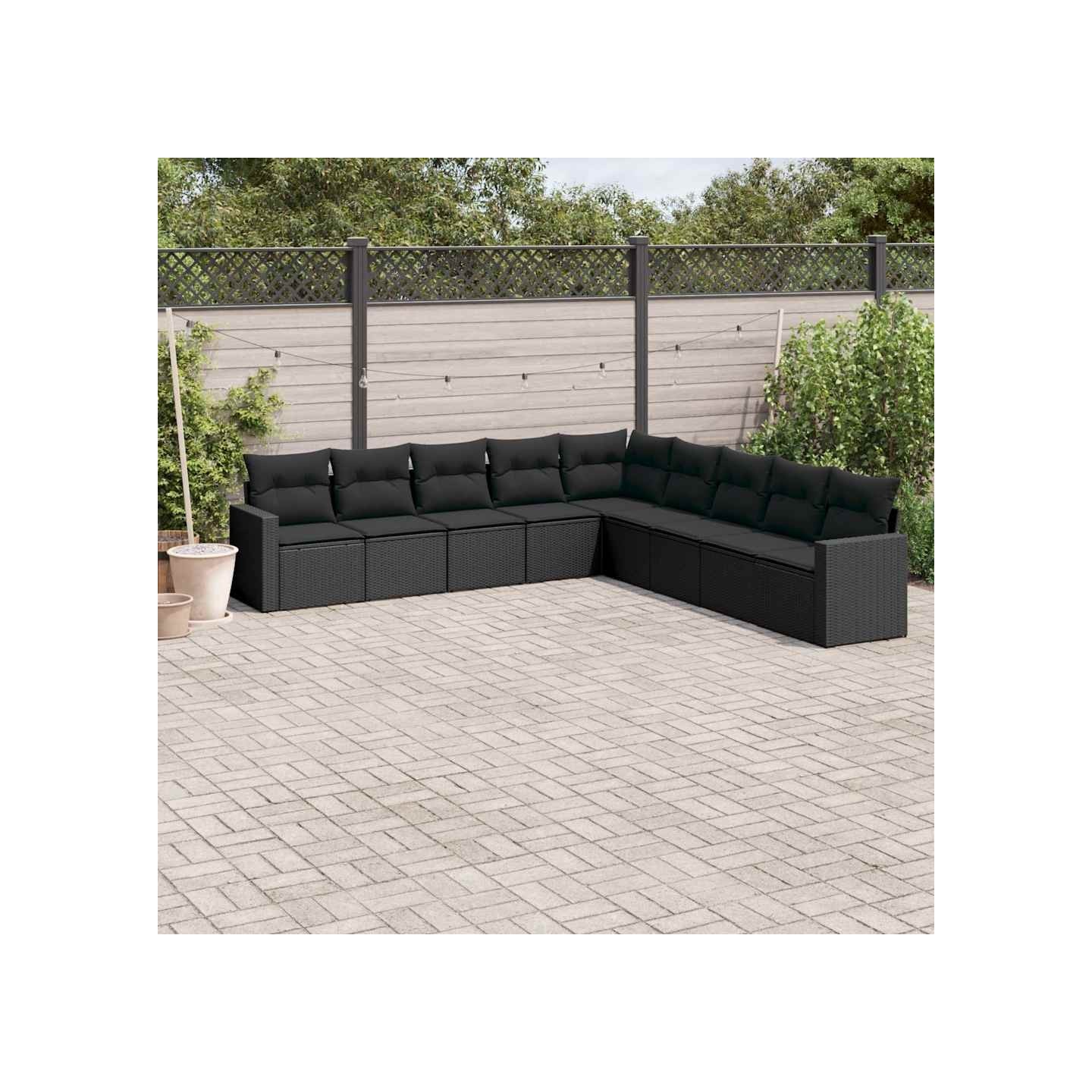 Salon de jardin 9 pcs avec coussins noir résine tressée
