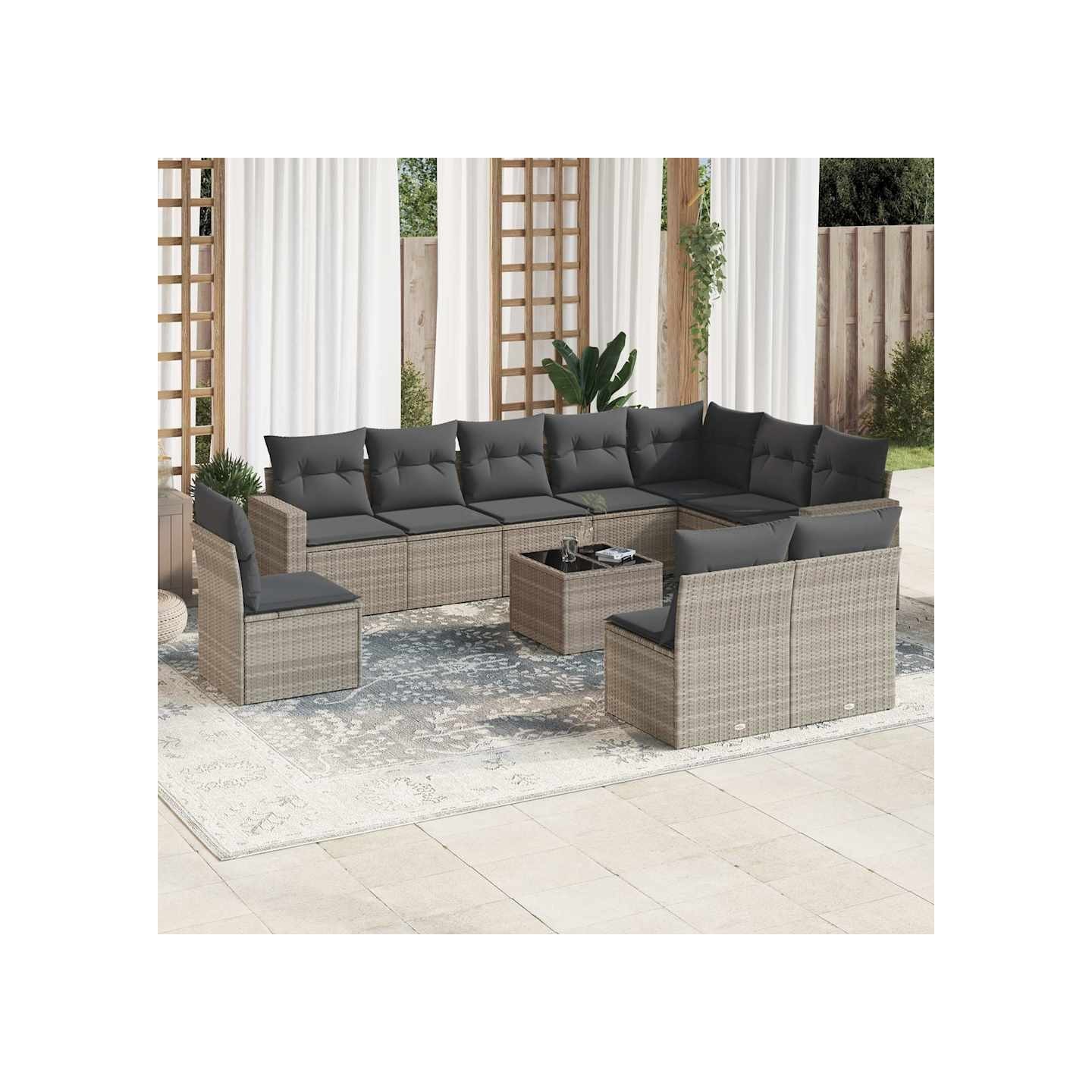 Salon de jardin 11 pcs avec coussins gris clair résine tressée