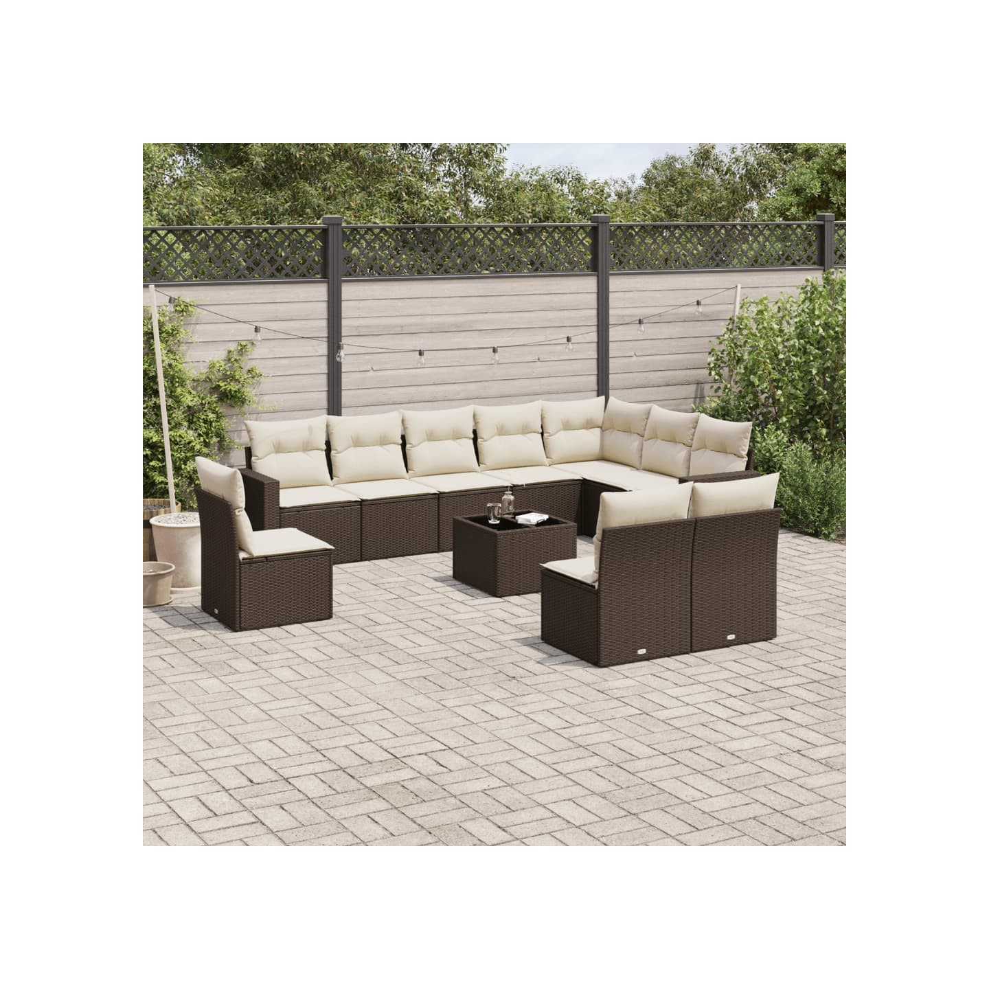 Salon de jardin et coussins 11 pcs marron résine tressée