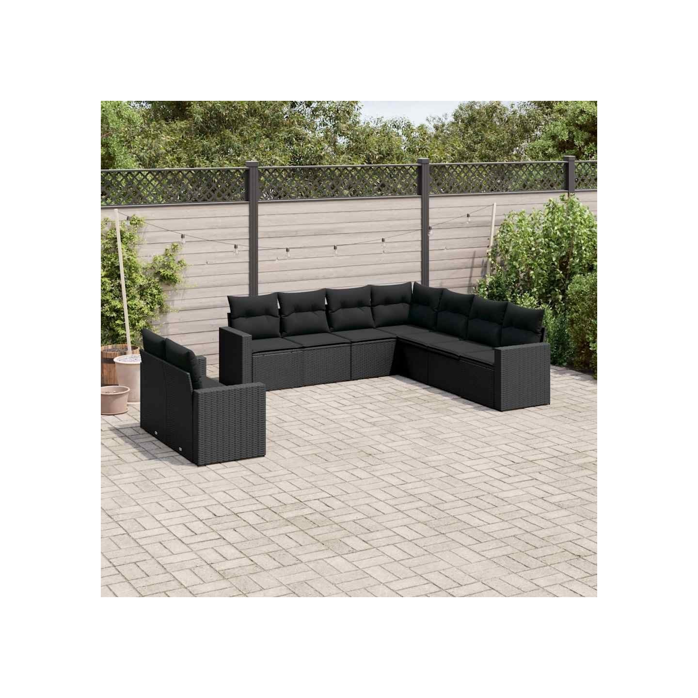 Salon de jardin 9 pcs avec coussins noir résine tressée