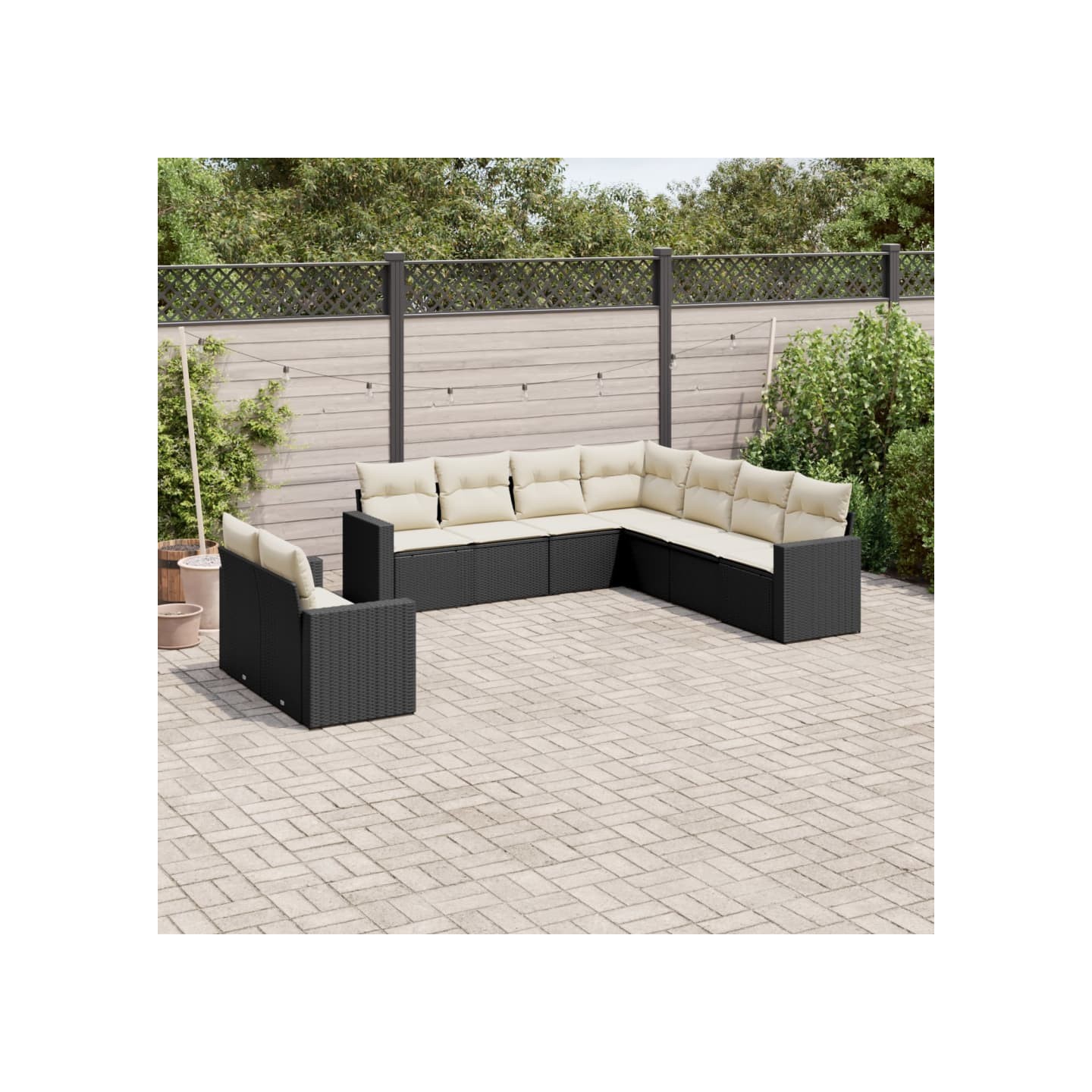 Salon de jardin 9 pcs avec coussins noir résine tressée