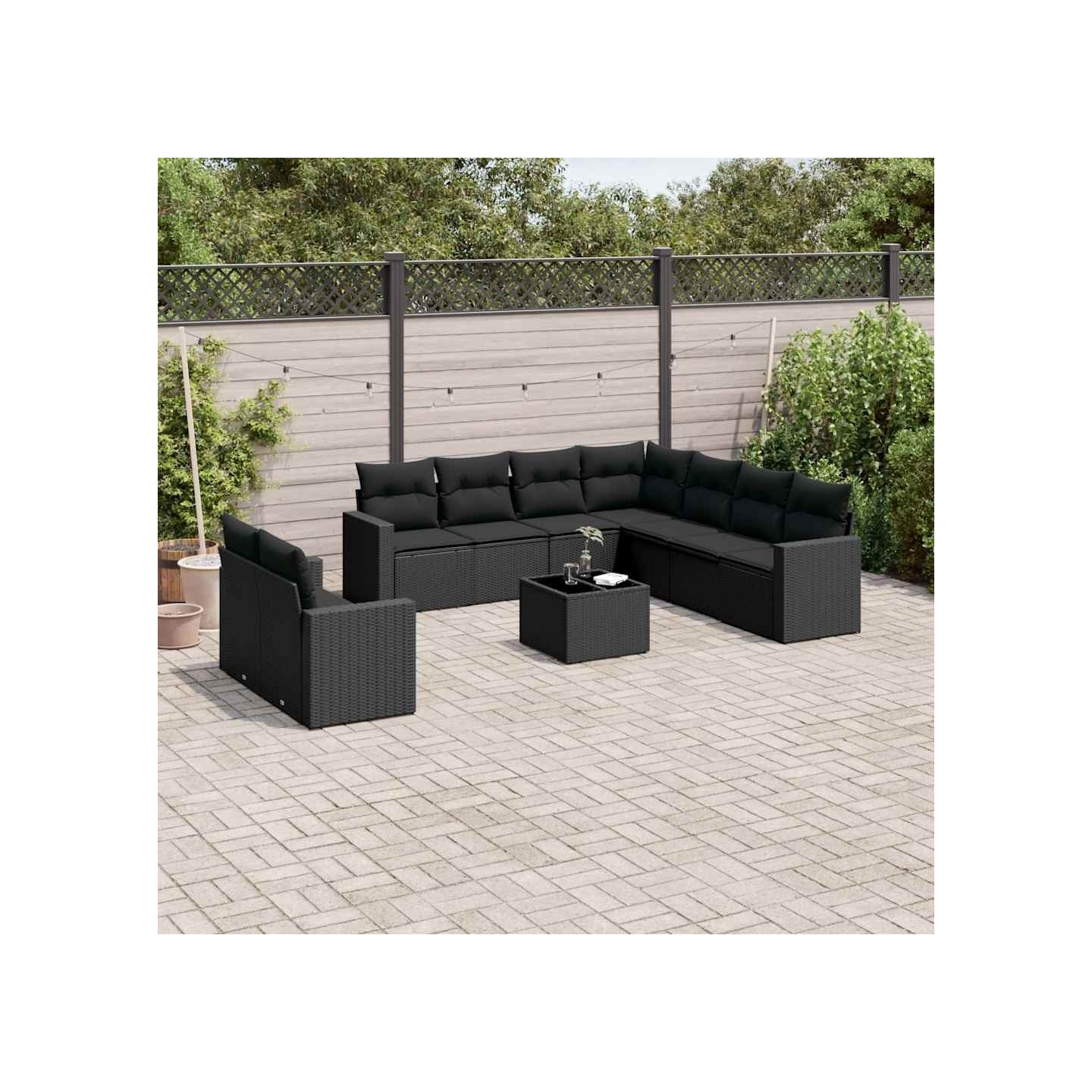 Salon de jardin 10 pcs avec coussins noir résine tressée