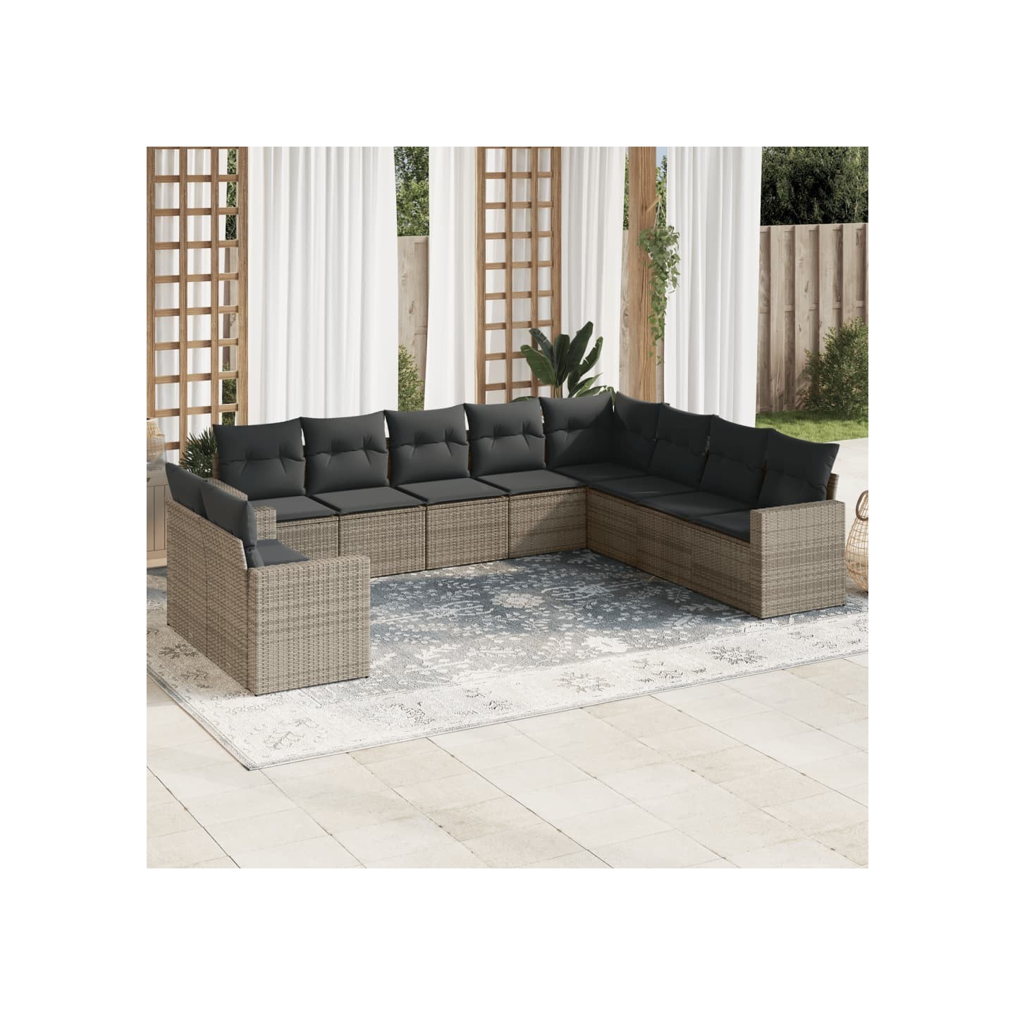 Salon de jardin avec coussins 10 pcs gris résine tressée