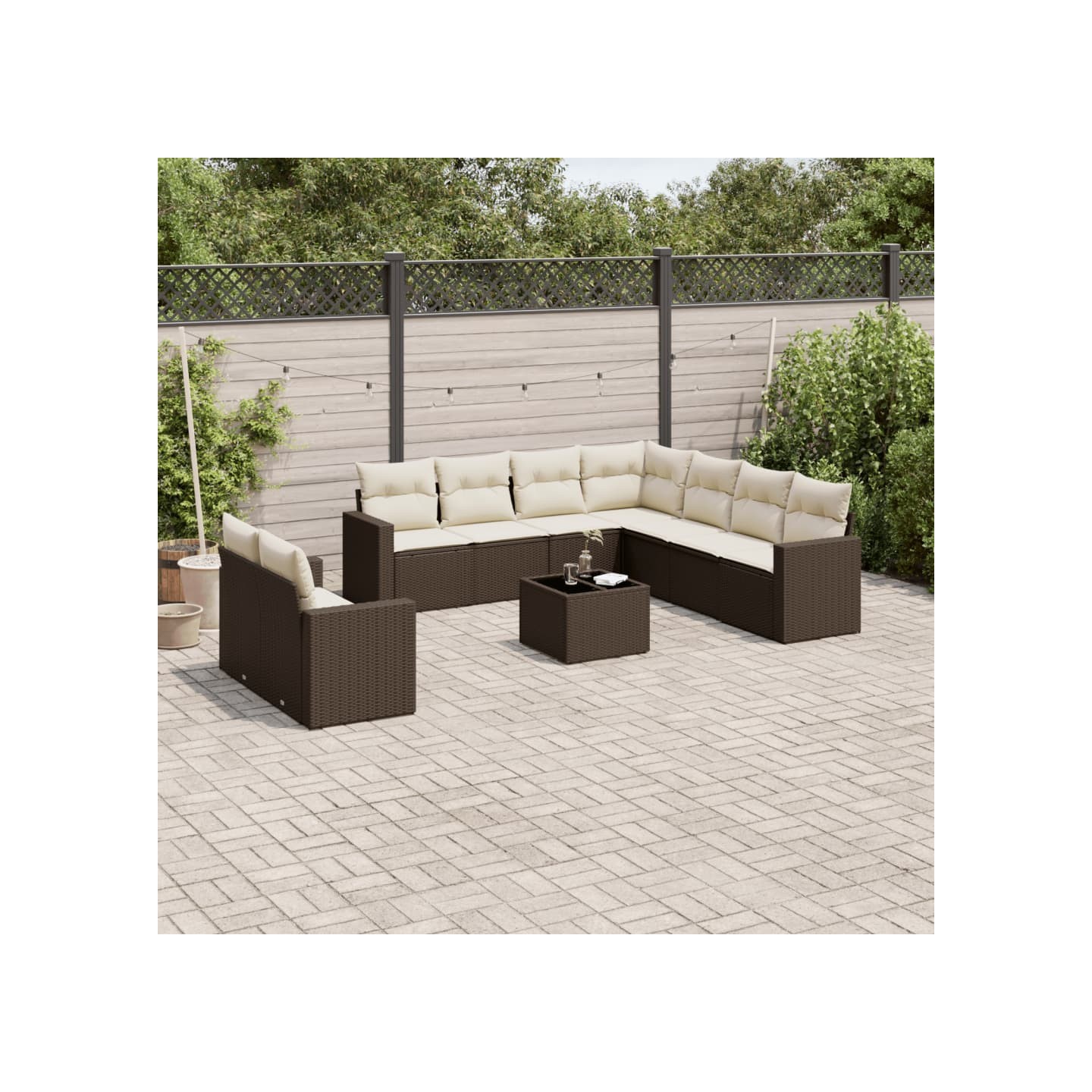 Salon de jardin 10 pcs avec coussins marron résine tressée