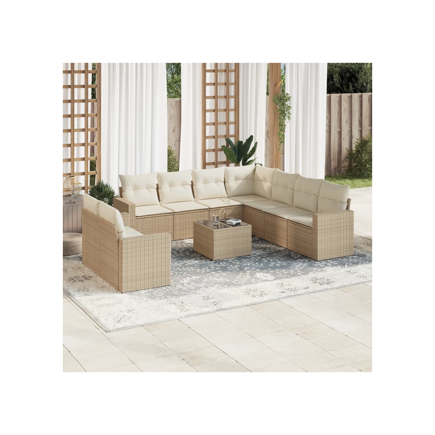 Salon de jardin avec coussins 10 pcs beige résine tressée