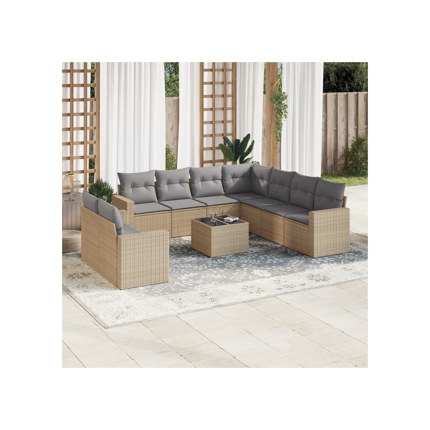 Salon de jardin avec coussins 10 pcs beige résine tressée
