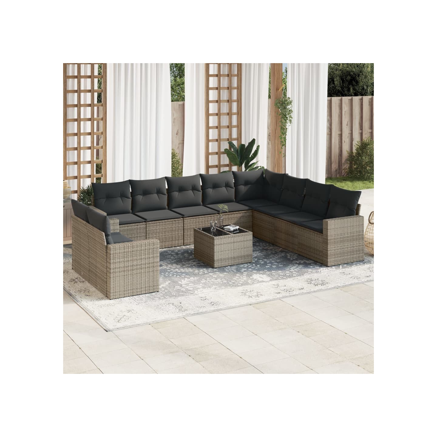 Salon de jardin 11 pcs avec coussins gris résine tressée