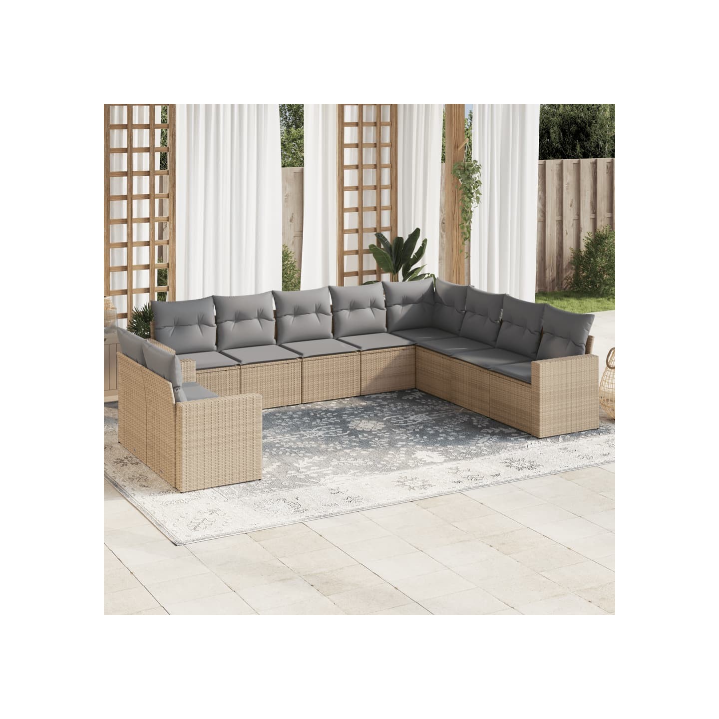 Salon de jardin avec coussins 10 pcs beige résine tressée
