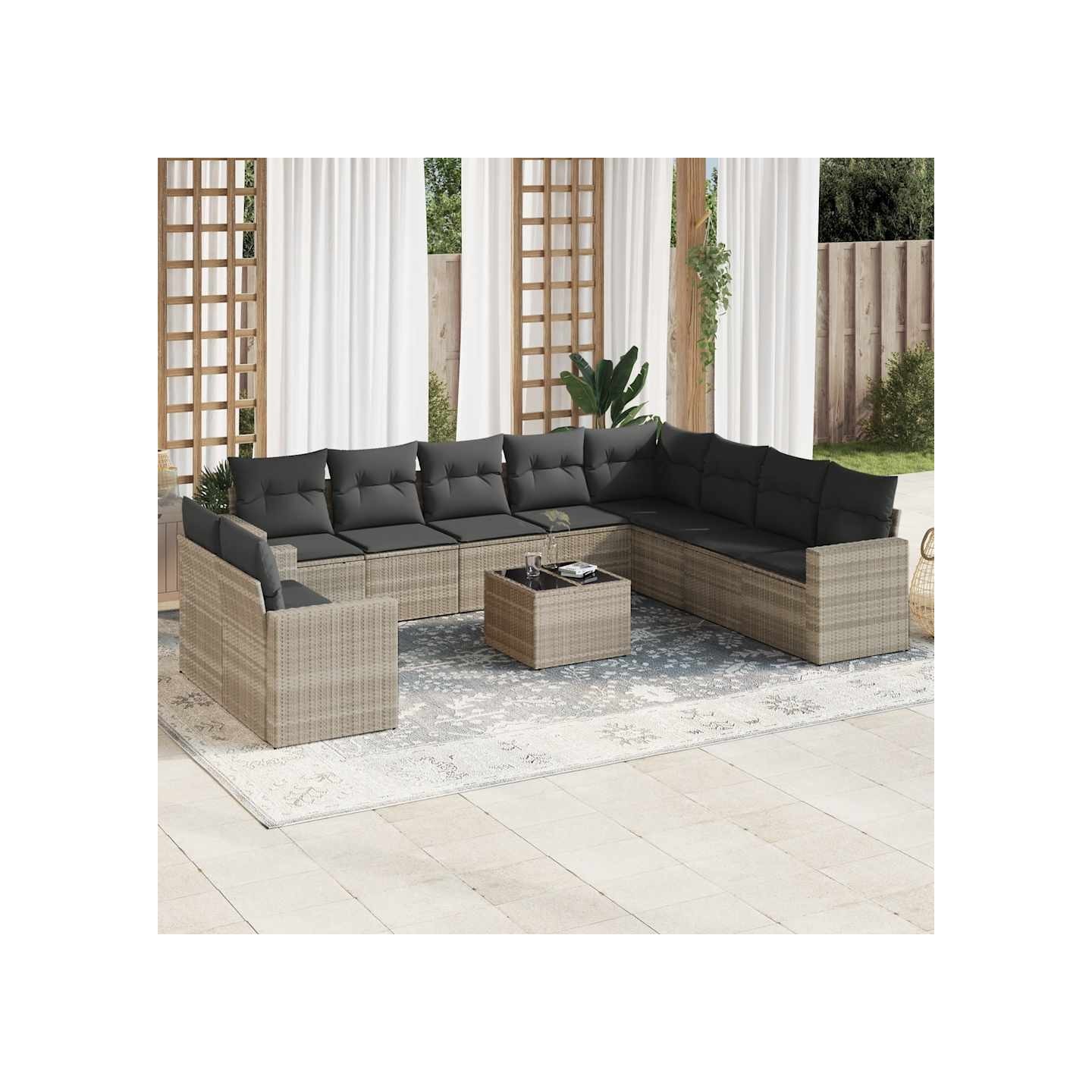 Salon de jardin 11 pcs avec coussins gris clair résine tressée