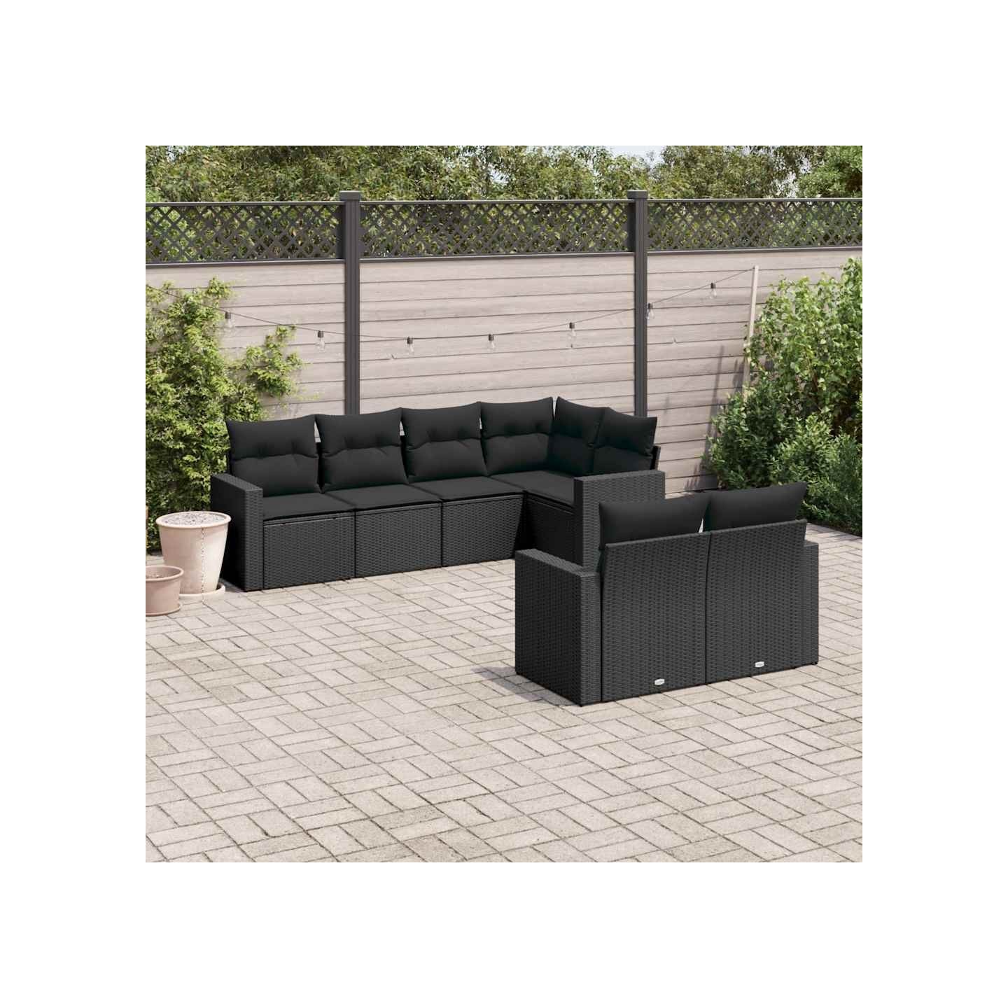 Salon de jardin 7 pcs avec coussins noir résine tressée