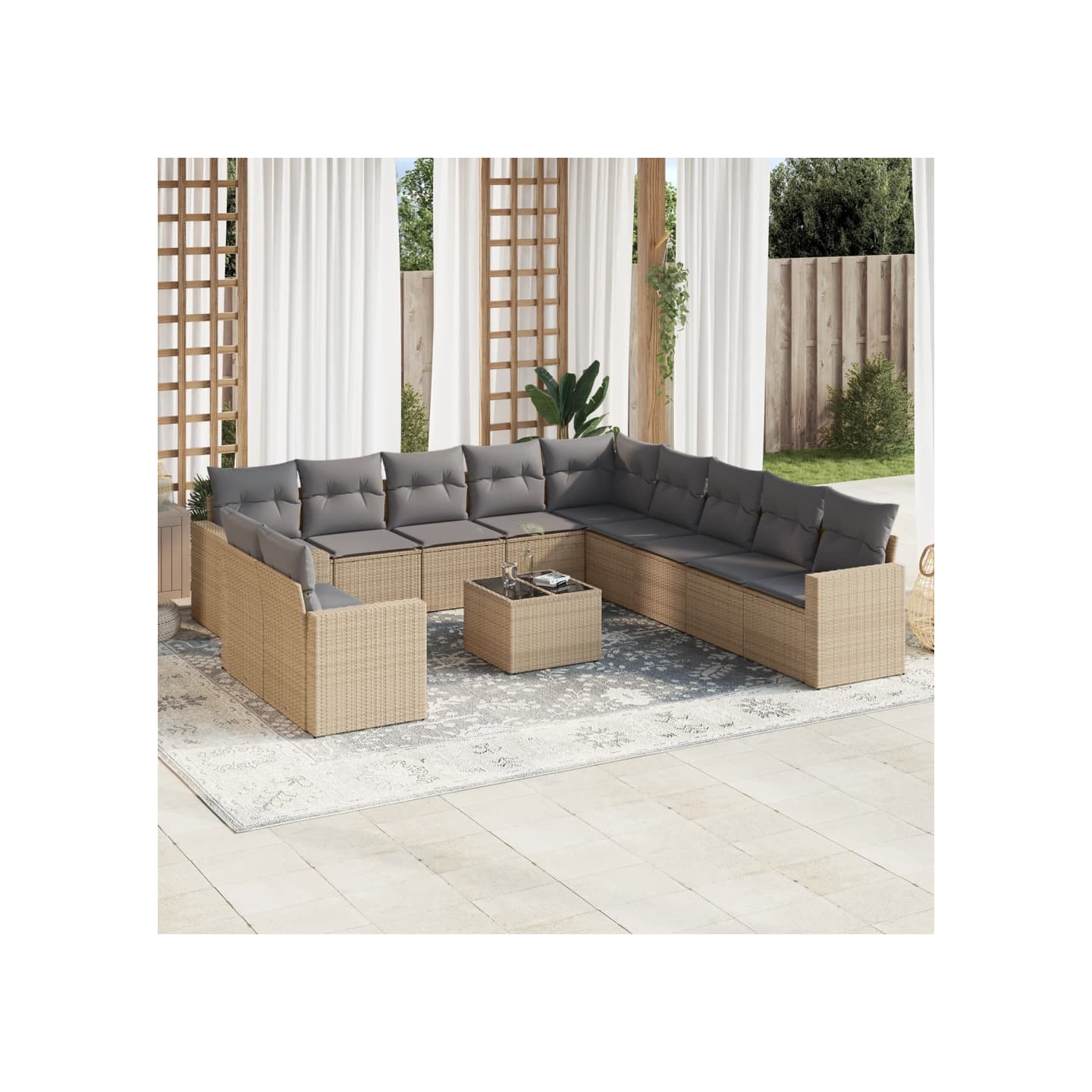 Salon de jardin avec coussins 12 pcs beige résine tressée