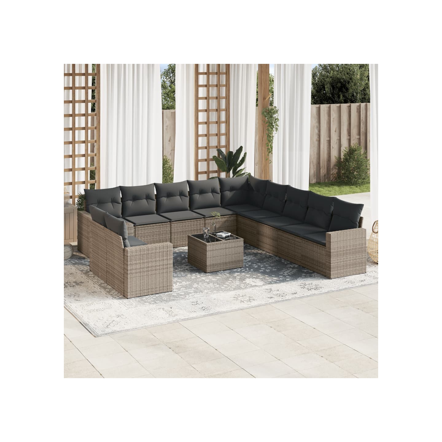 Salon de jardin avec coussins 12 pcs gris résine tressée