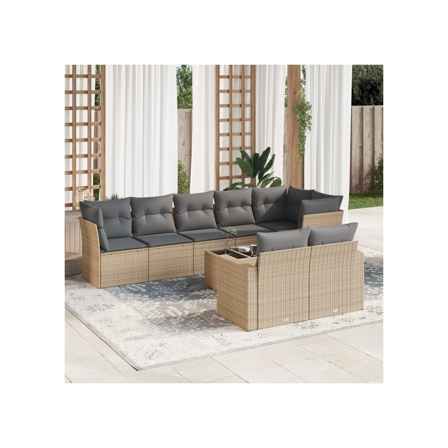 Salon de jardin avec coussins 9 pcs beige résine tressée