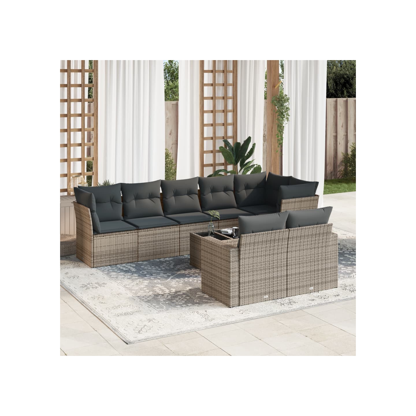 Salon de jardin 9 pcs avec coussins gris résine tressée