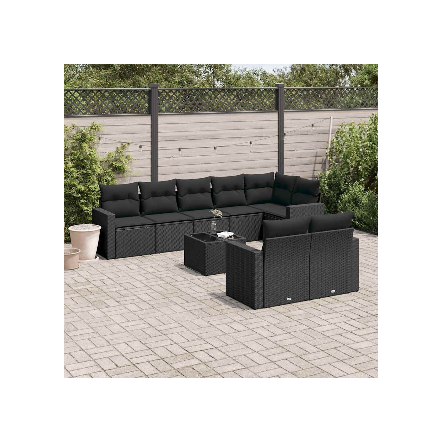 Salon de jardin 9 pcs avec coussins noir résine tressée