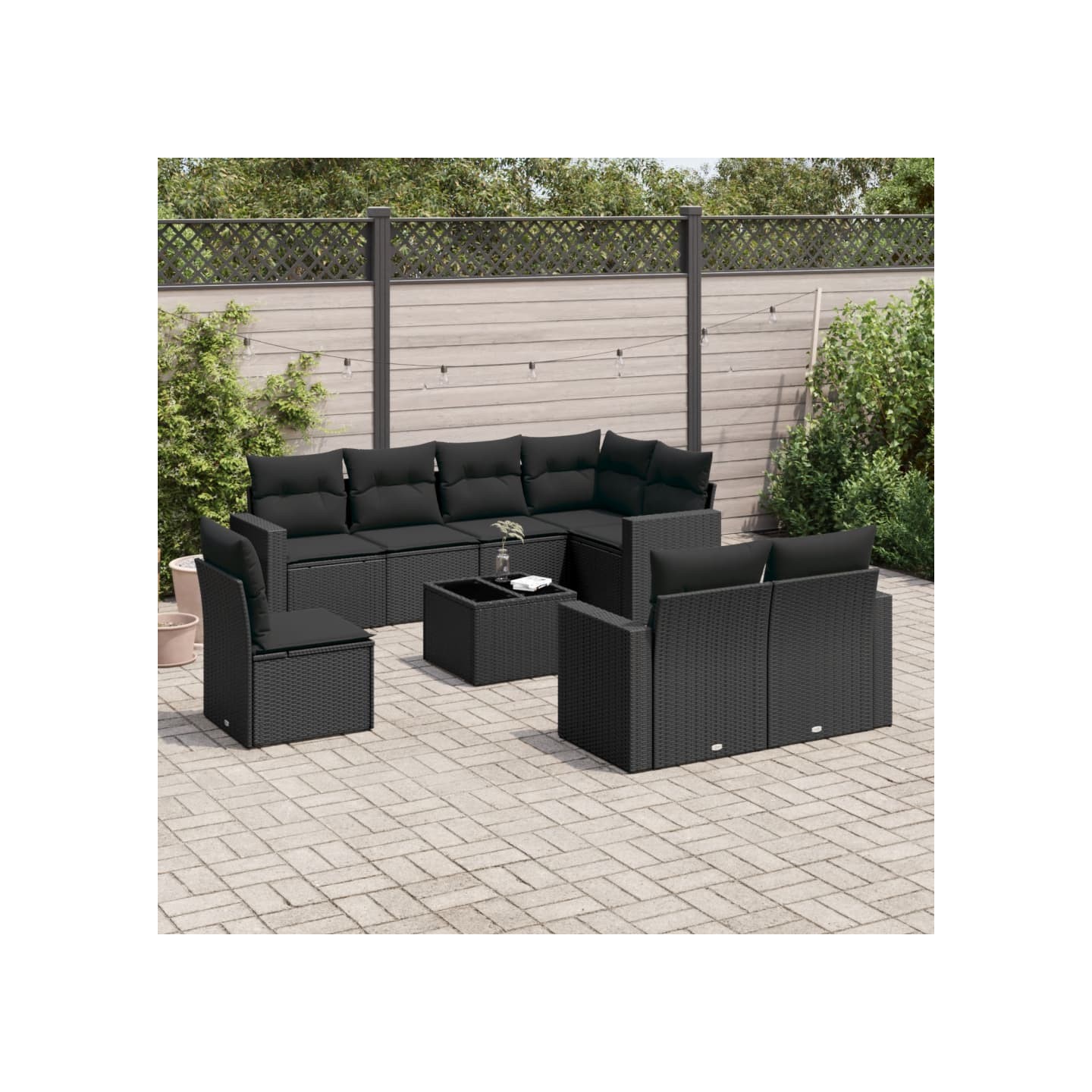 Salon de jardin 9 pcs avec coussins noir résine tressée