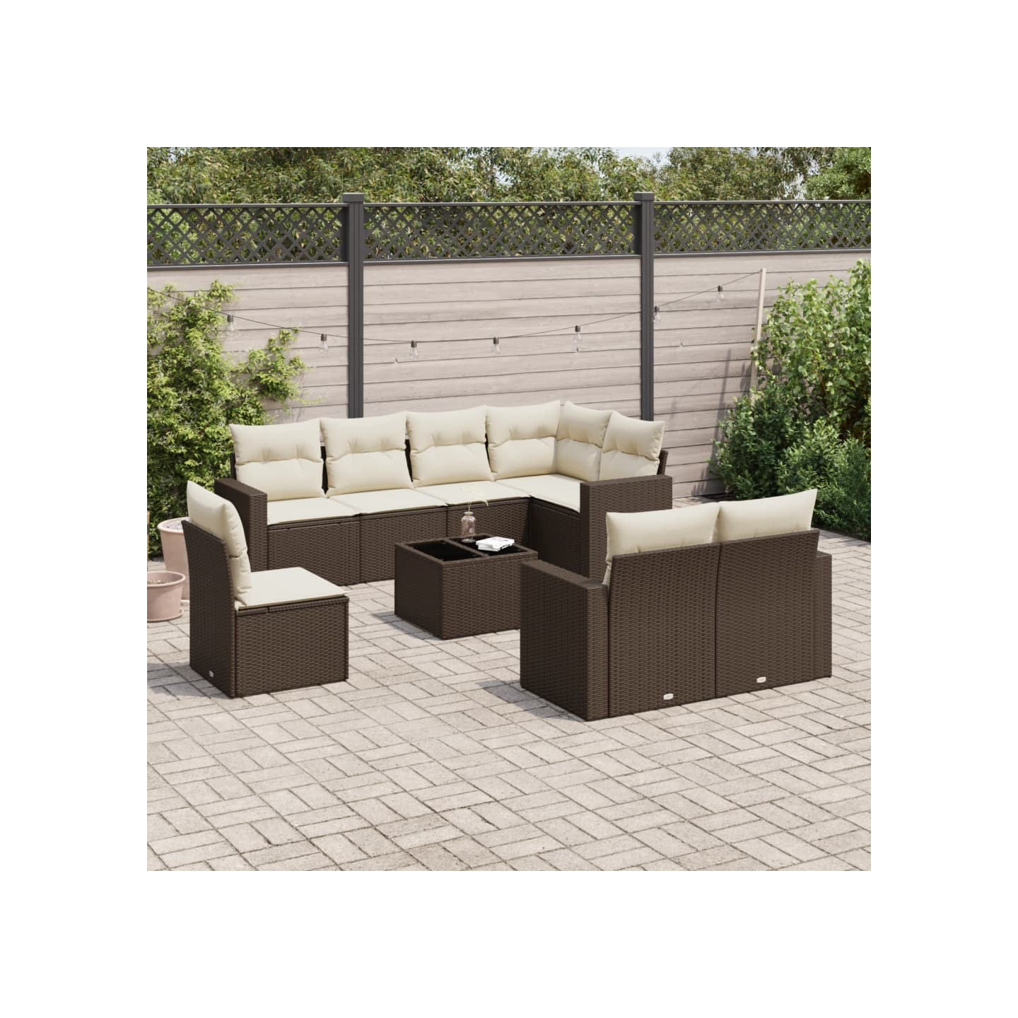 Salon de jardin avec coussins 9 pcs marron résine tressée