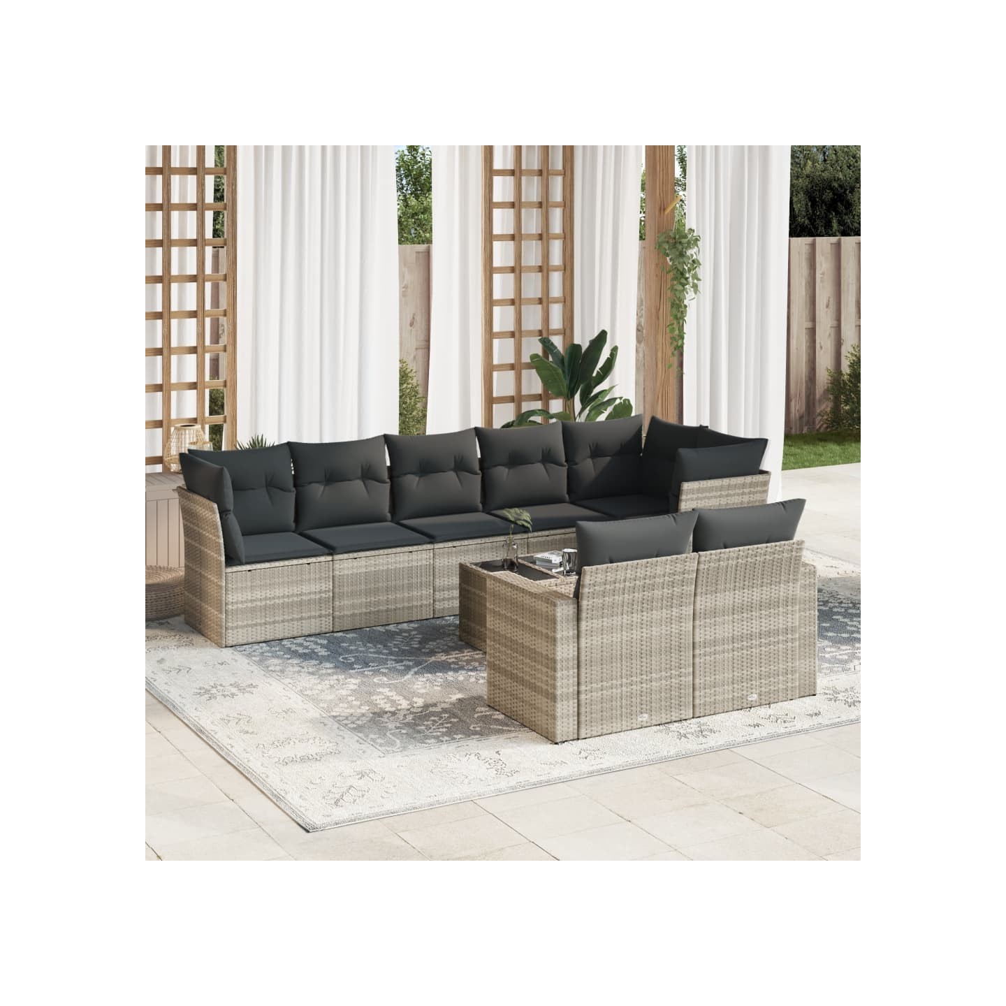 Salon de jardin 9 pcs avec coussins gris clair résine tressée