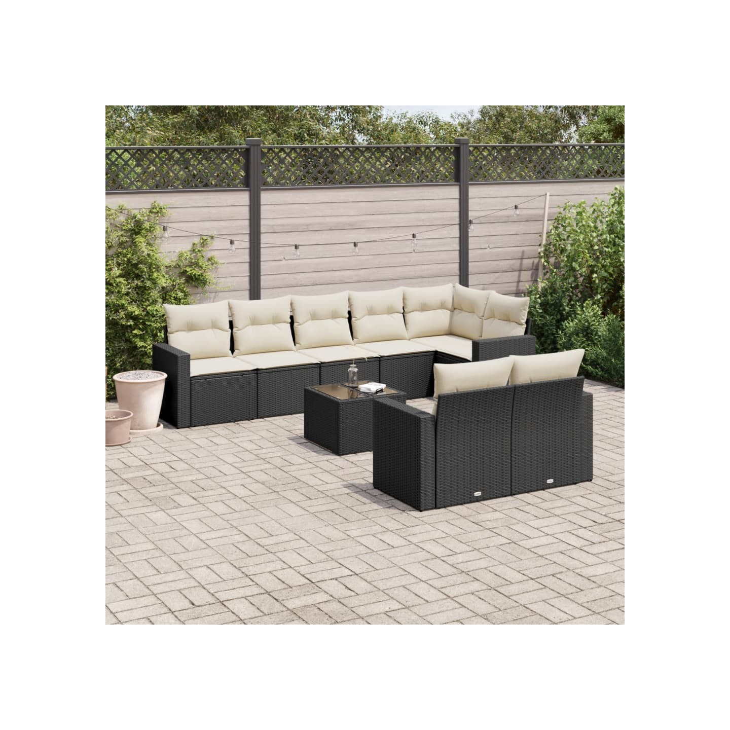 Salon de jardin 9 pcs avec coussins noir résine tressée