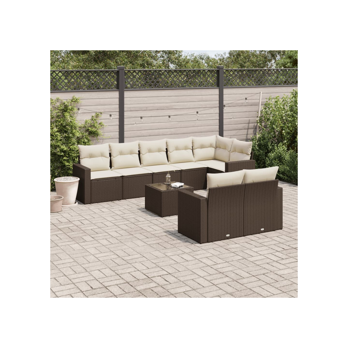 Salon de jardin avec coussins 9 pcs marron résine tressée