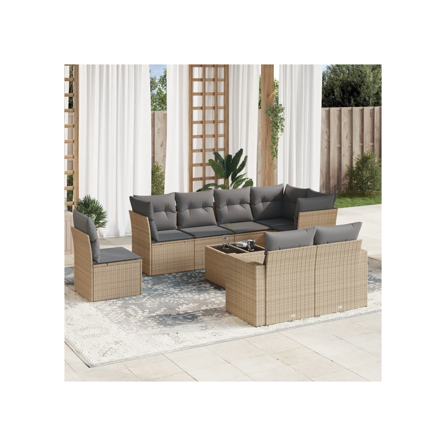 Salon de jardin avec coussins 9 pcs beige résine tressée