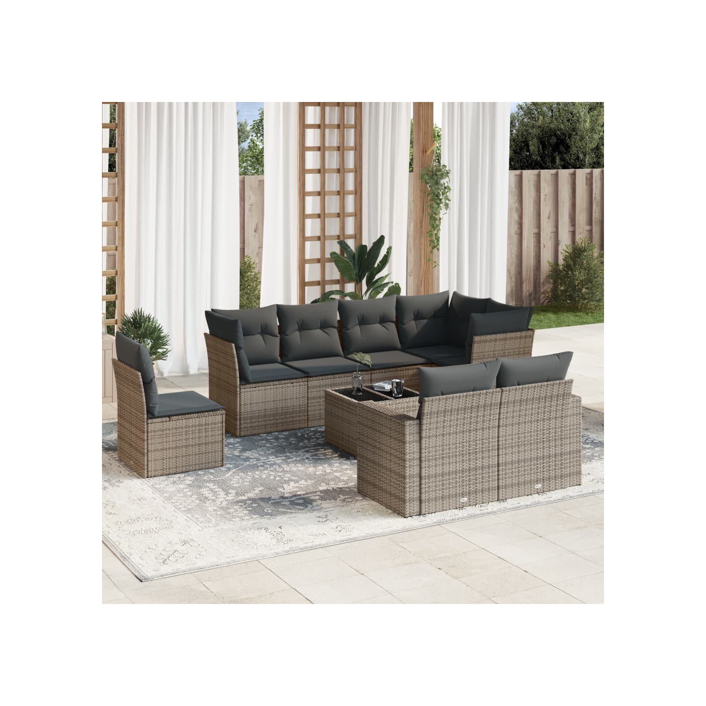 Salon de jardin 9 pcs avec coussins gris résine tressée