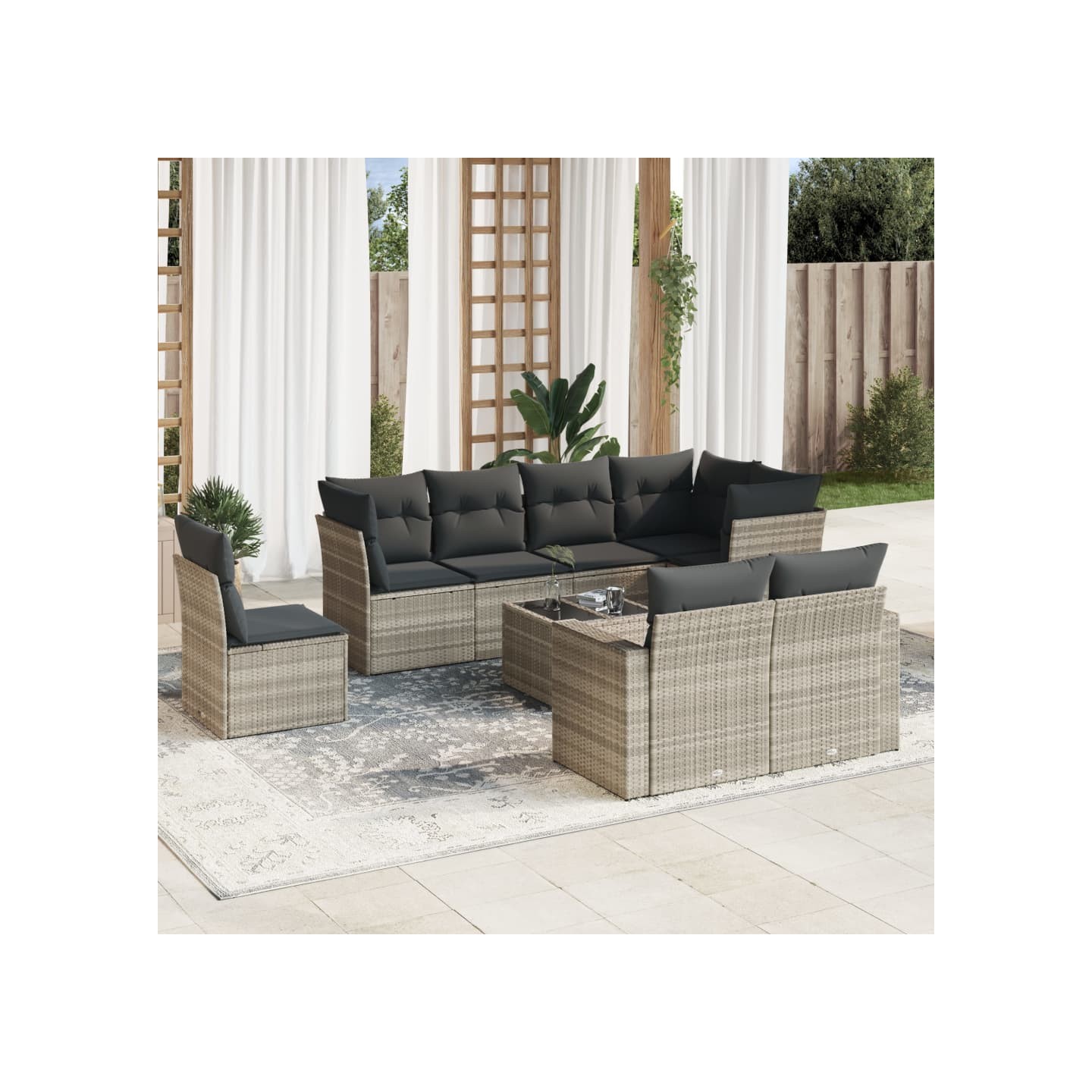 Salon de jardin 9 pcs avec coussins gris clair résine tressée