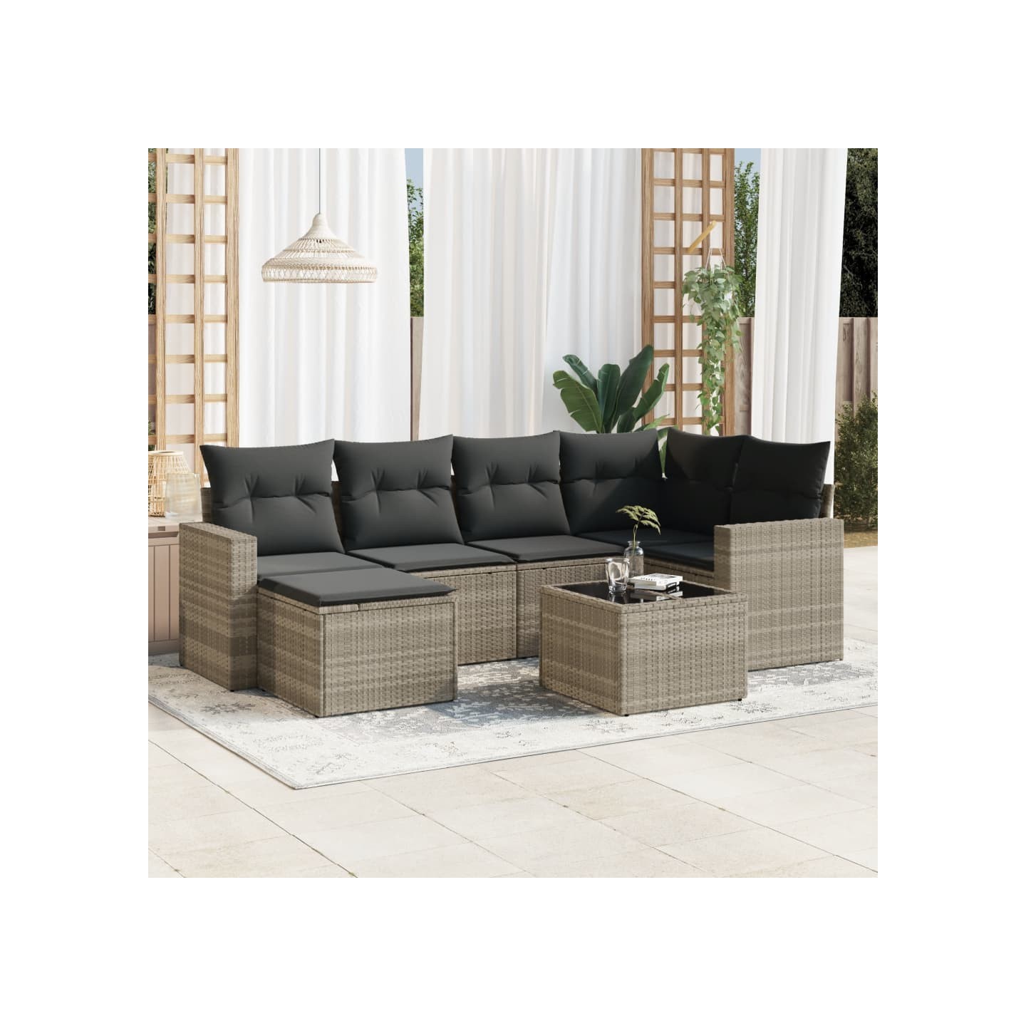 Salon de jardin avec coussins 7 pcs gris clair résine tressée