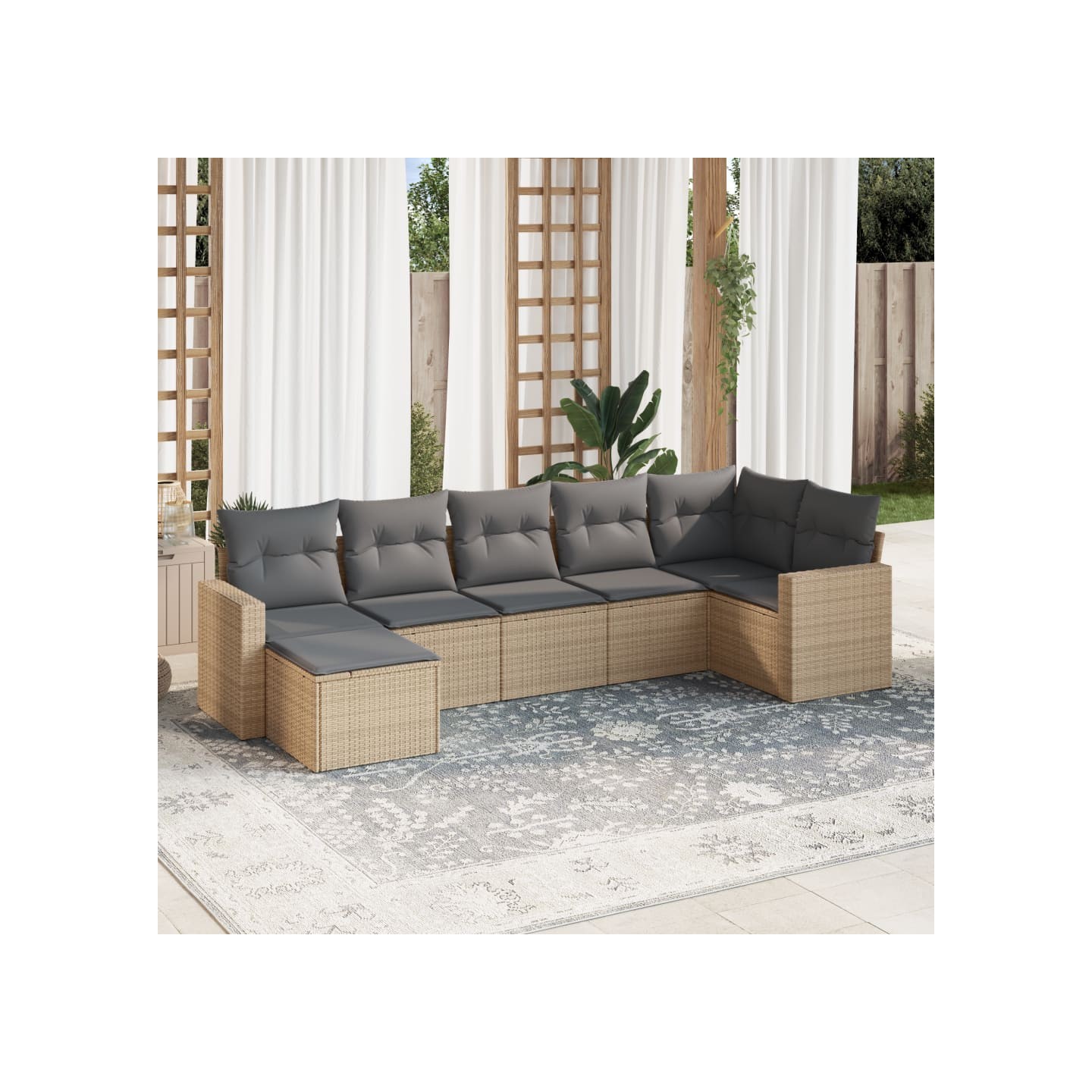 Salon de jardin avec coussins 7 pcs beige résine tressée
