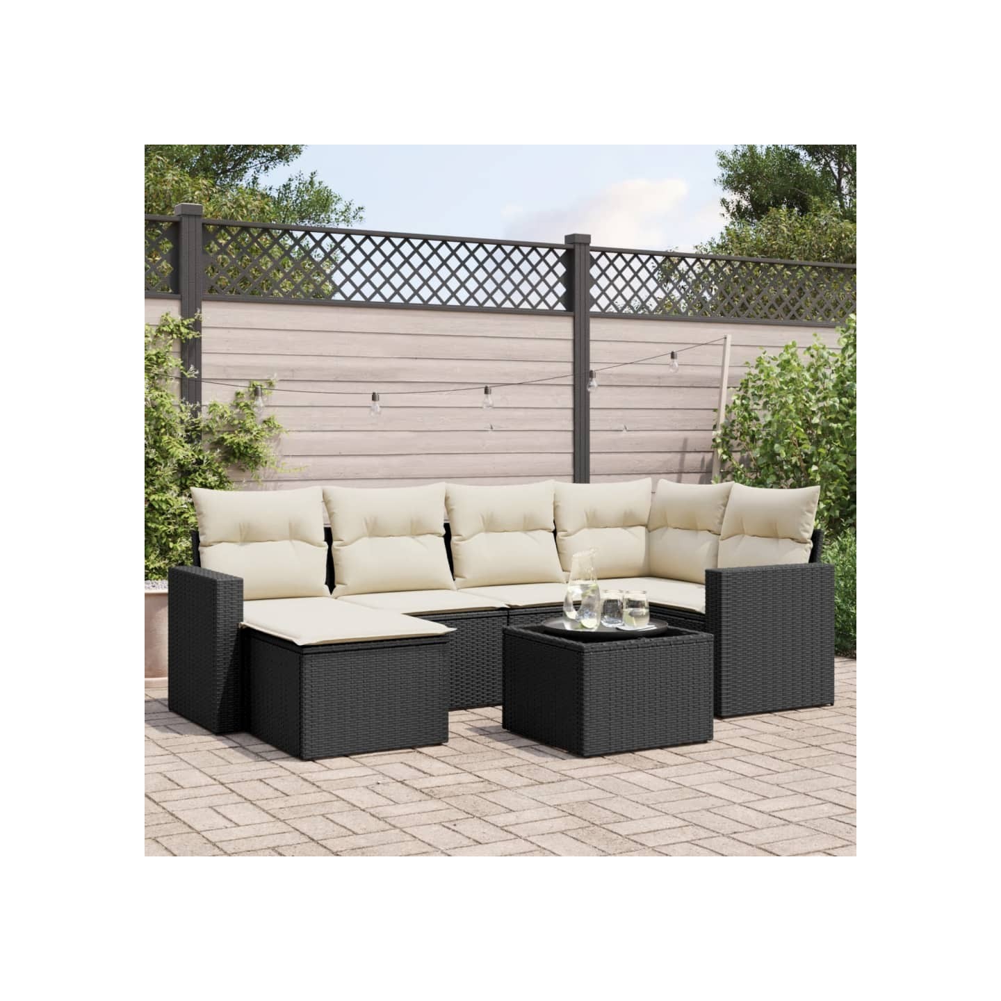 Salon de jardin 7 pcs avec coussins noir résine tressée