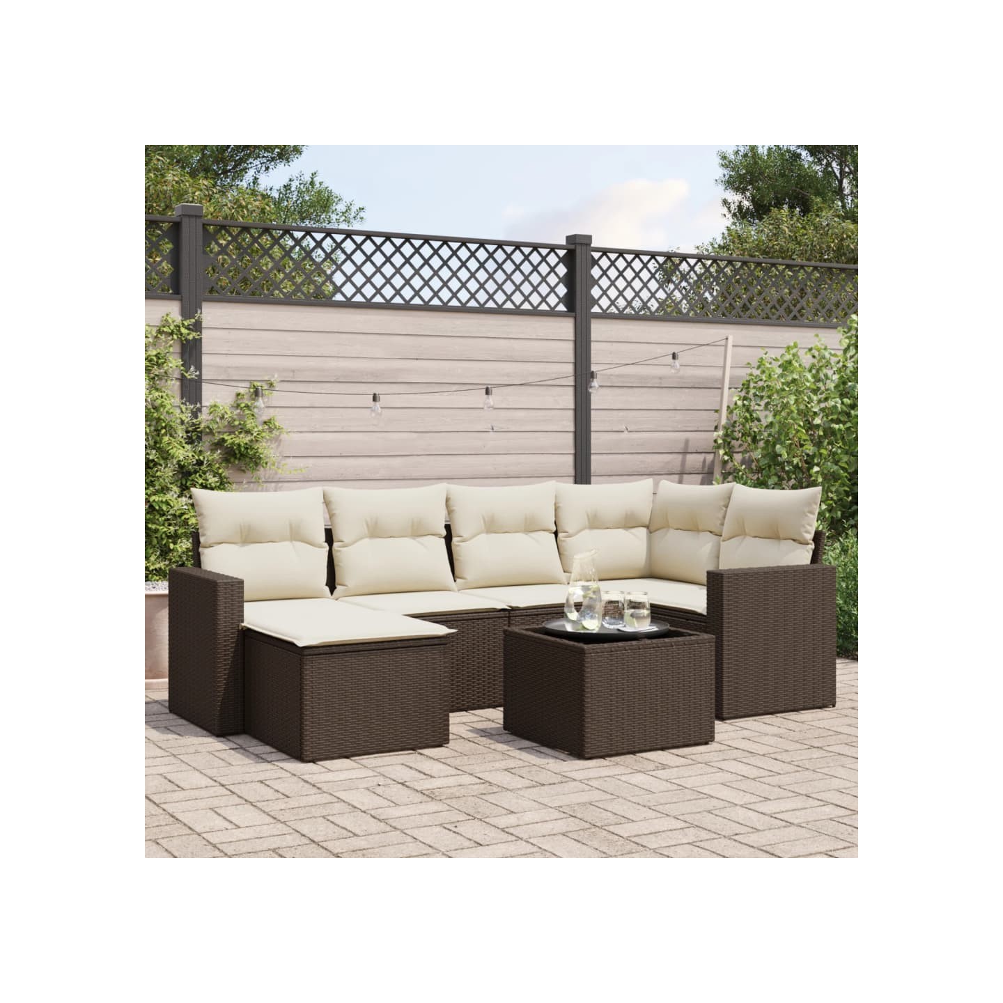 Salon de jardin avec coussins 7 pcs marron résine tressée
