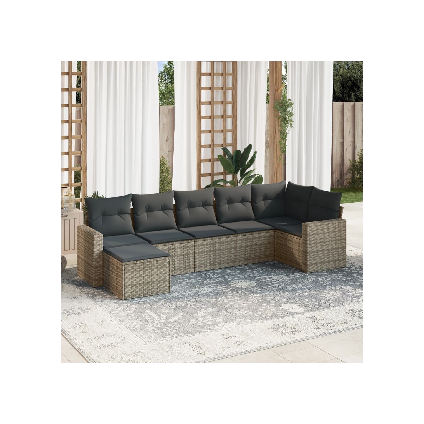 Salon de jardin avec coussins 7 pcs gris résine tressée