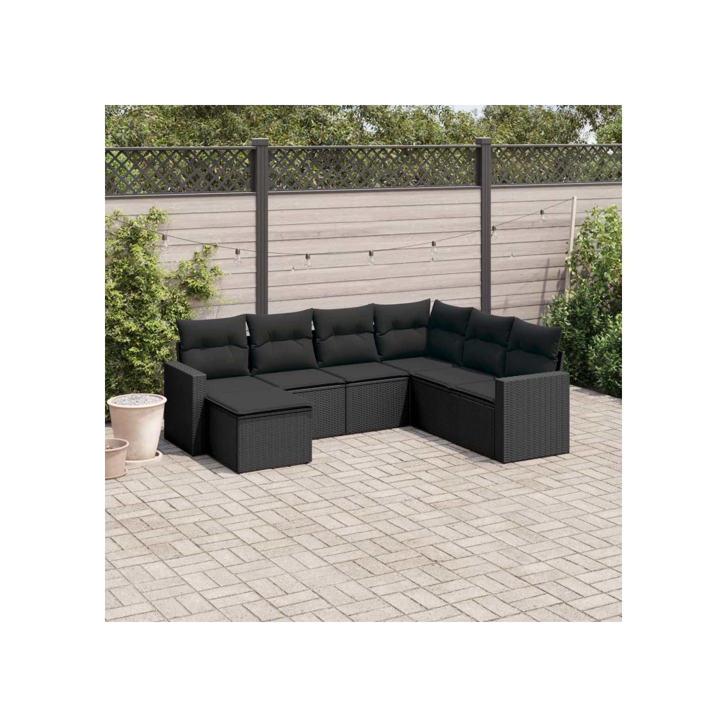 Salon de jardin 7 pcs avec coussins noir résine tressée
