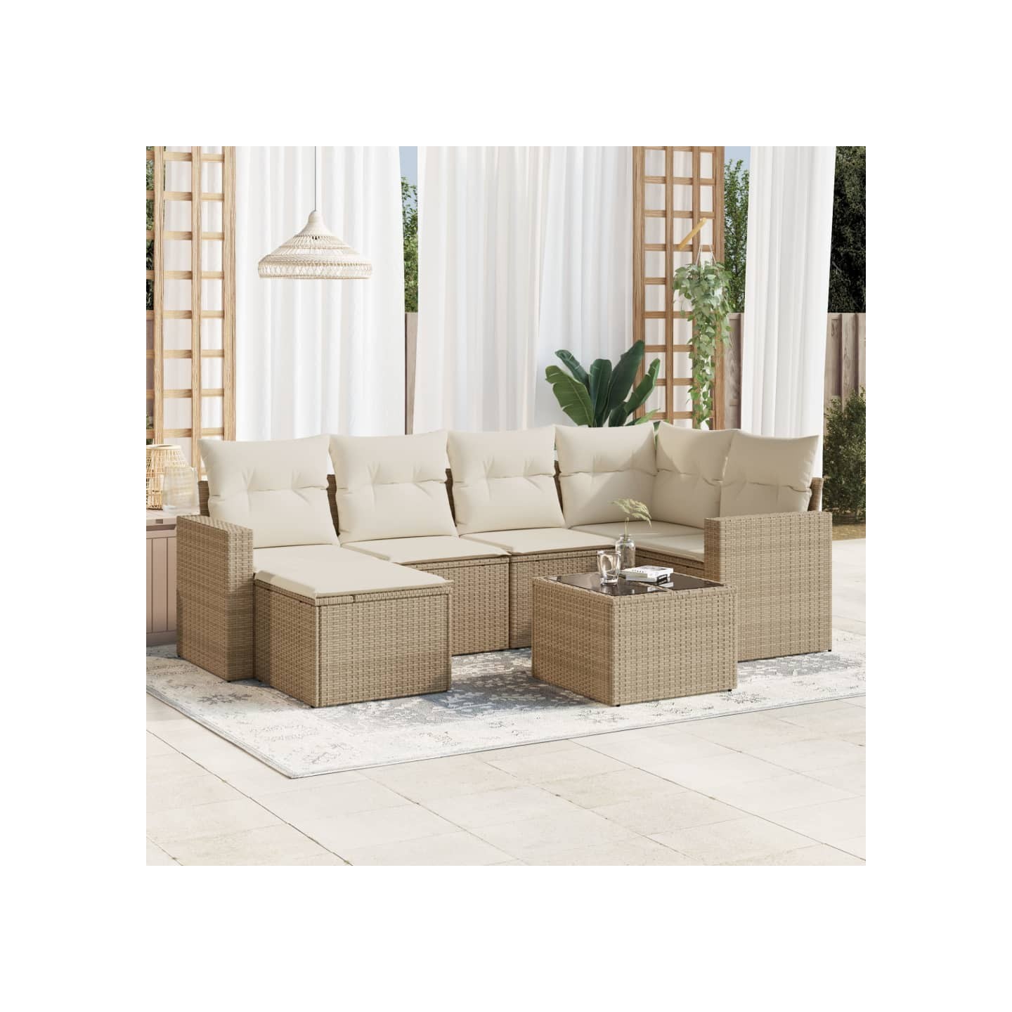 Salon de jardin avec coussins 7 pcs beige résine tressée