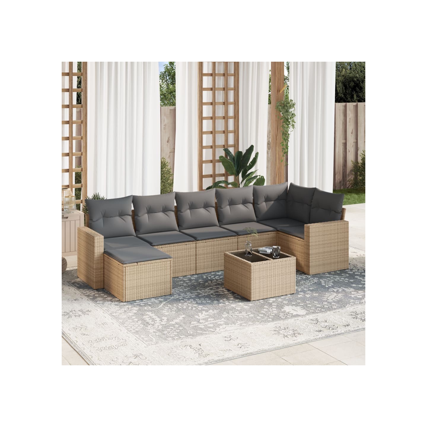 Salon de jardin avec coussins 8 pcs beige résine tressée