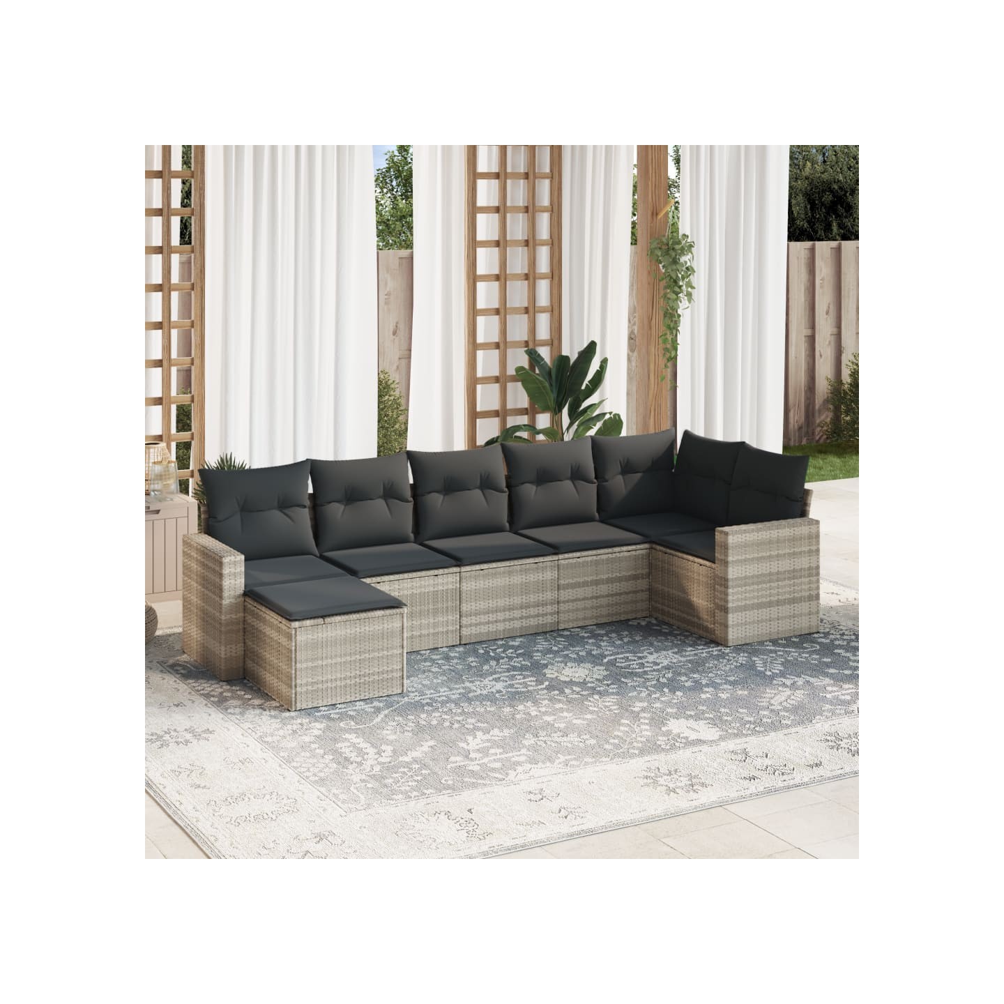 Salon de jardin avec coussins 7 pcs gris clair résine tressée