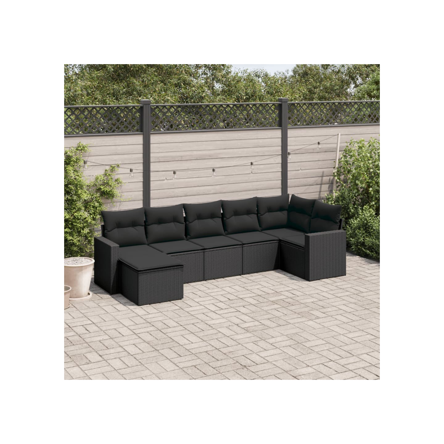 Salon de jardin 7 pcs avec coussins noir résine tressée