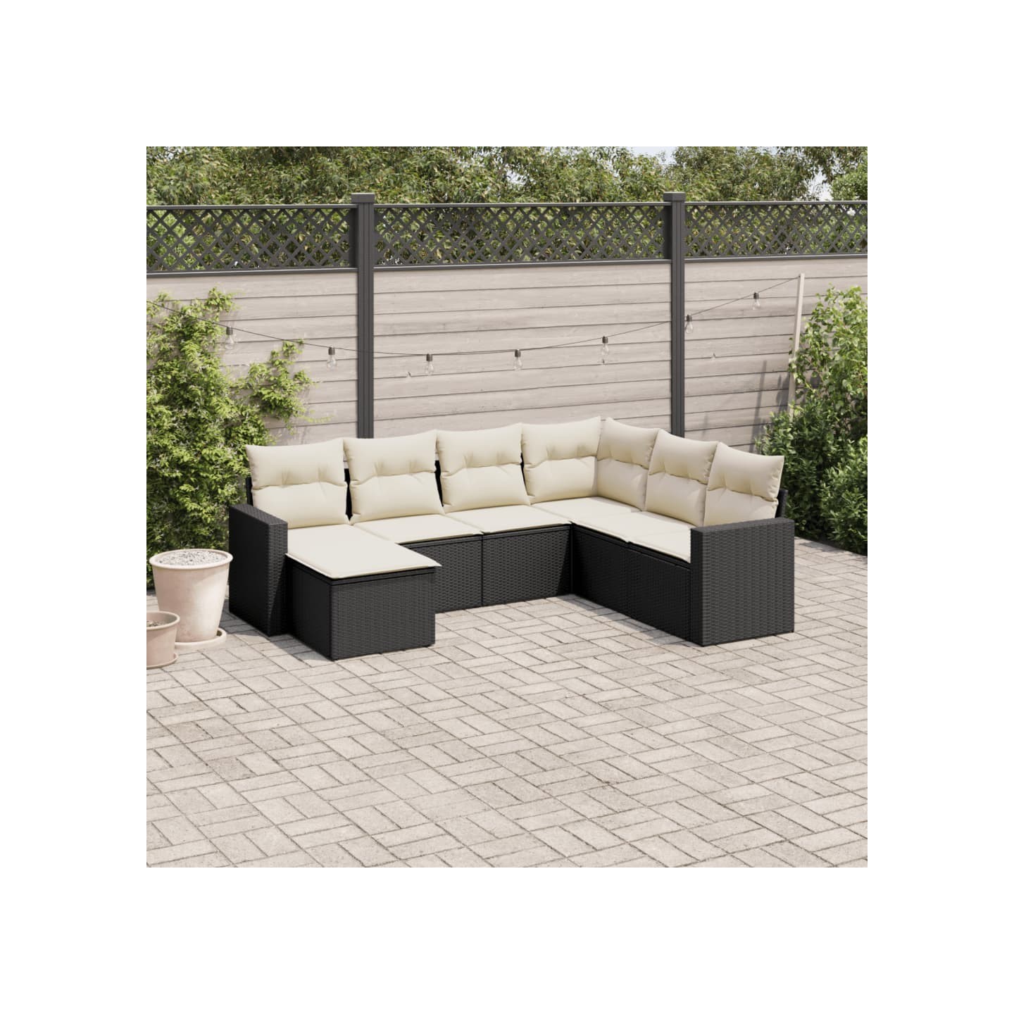 Salon de jardin 7 pcs avec coussins noir résine tressée