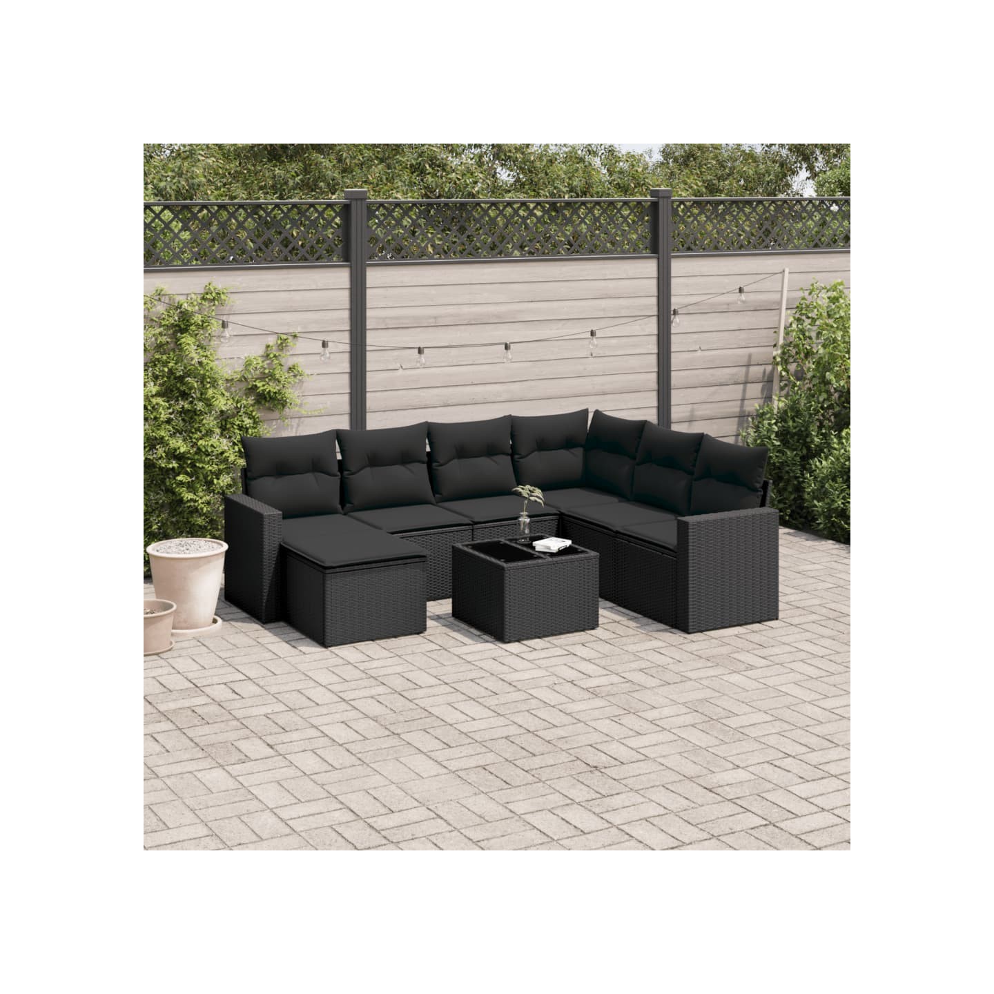 Salon de jardin 8 pcs avec coussins noir résine tressée