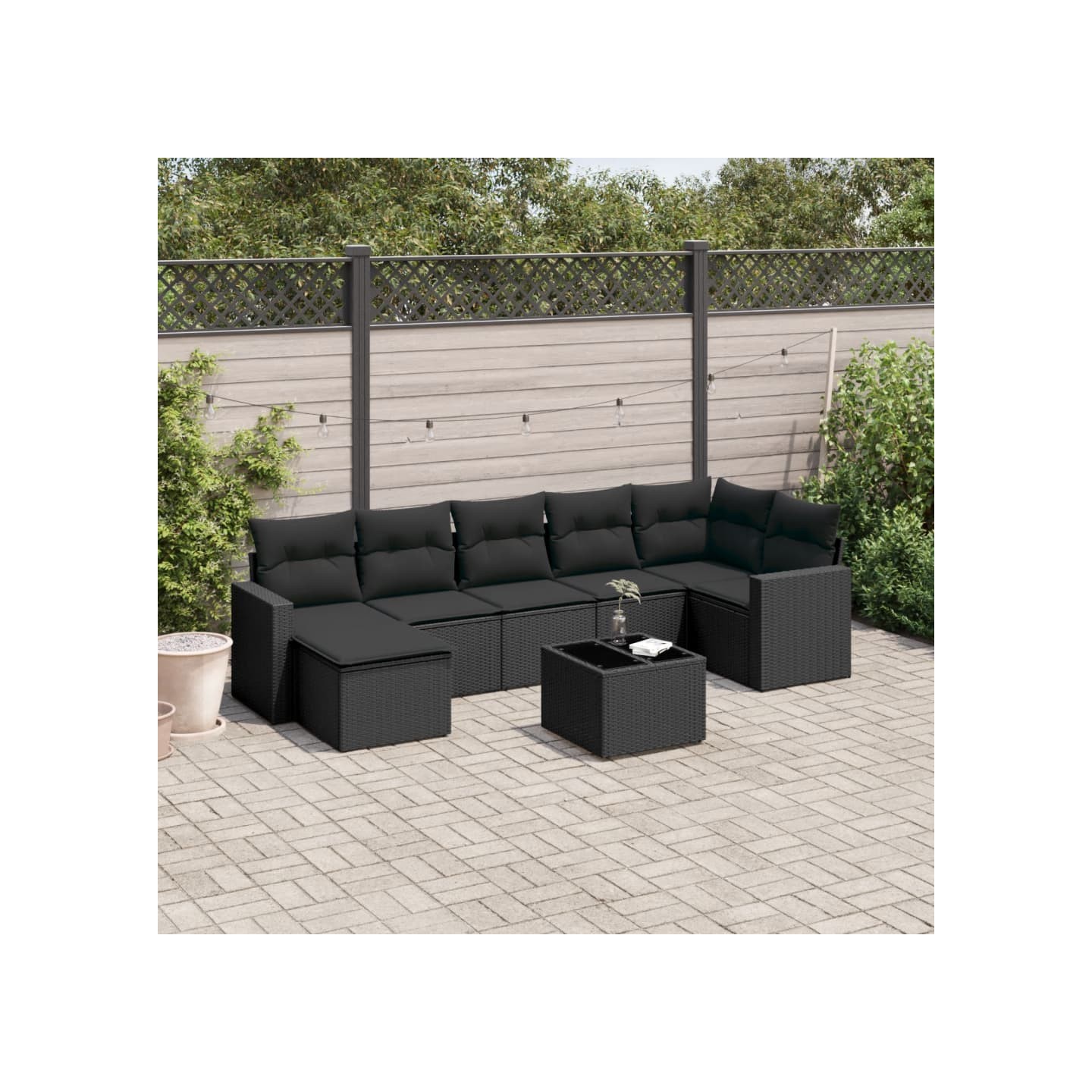 Salon de jardin 8 pcs avec coussins noir résine tressée