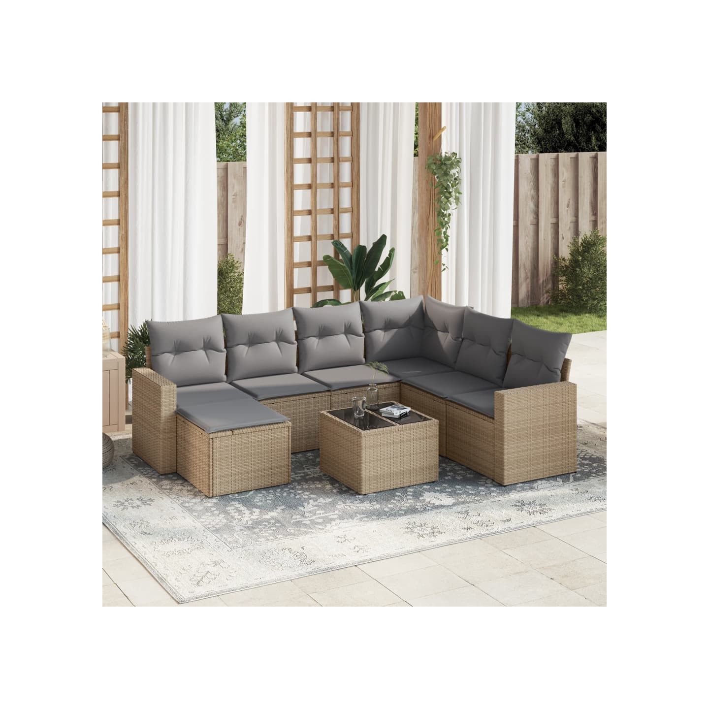 Salon de jardin avec coussins 8 pcs beige résine tressée