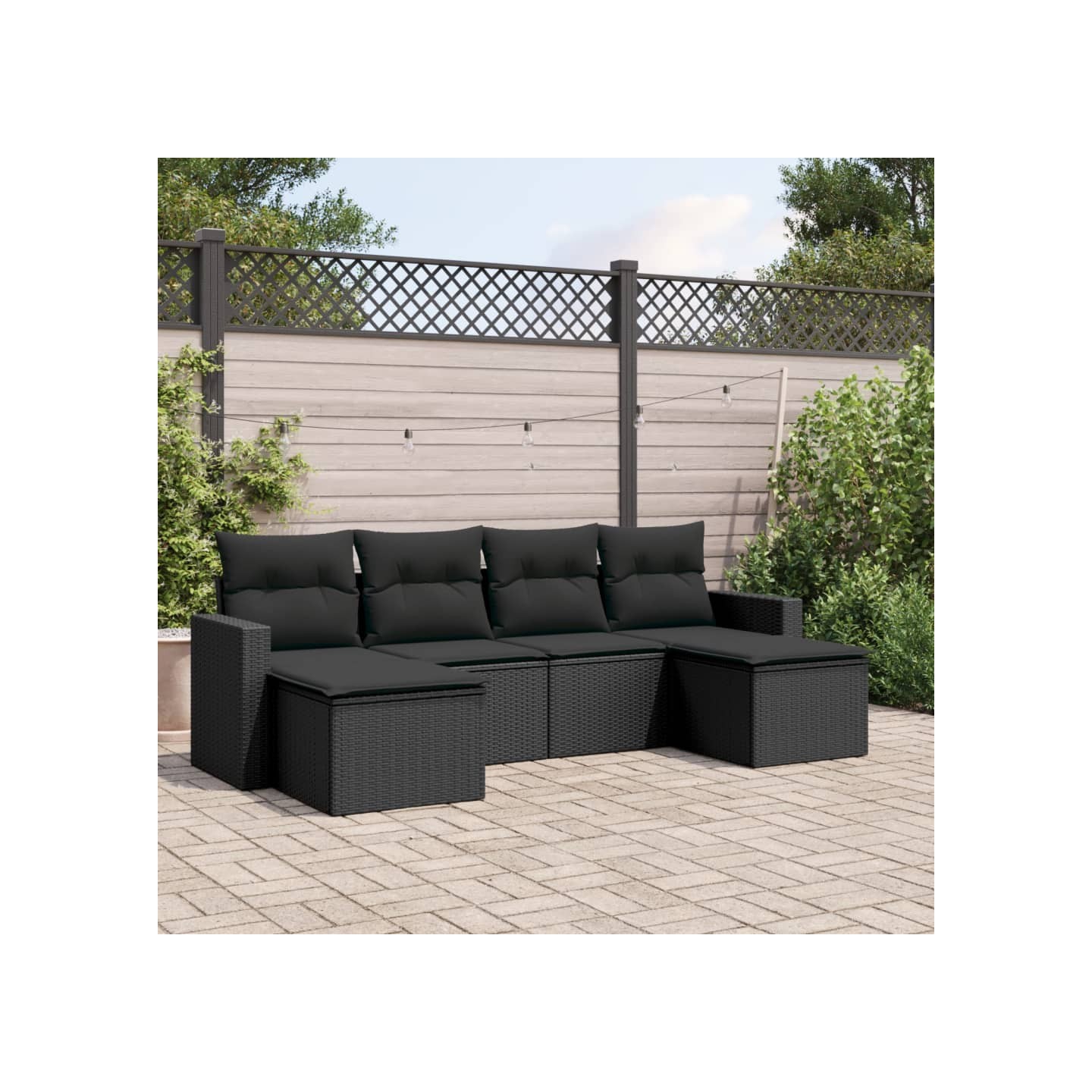 Salon de jardin 6 pcs avec coussins noir résine tressée