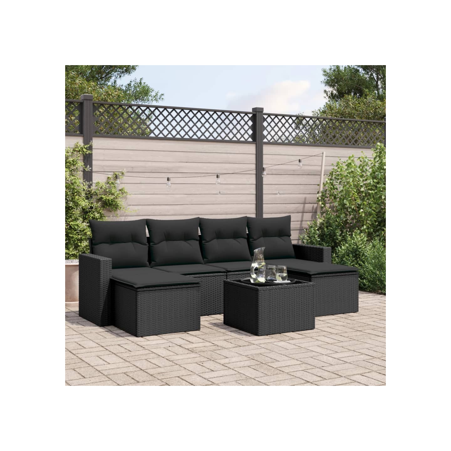 Salon de jardin 7 pcs avec coussins noir résine tressée
