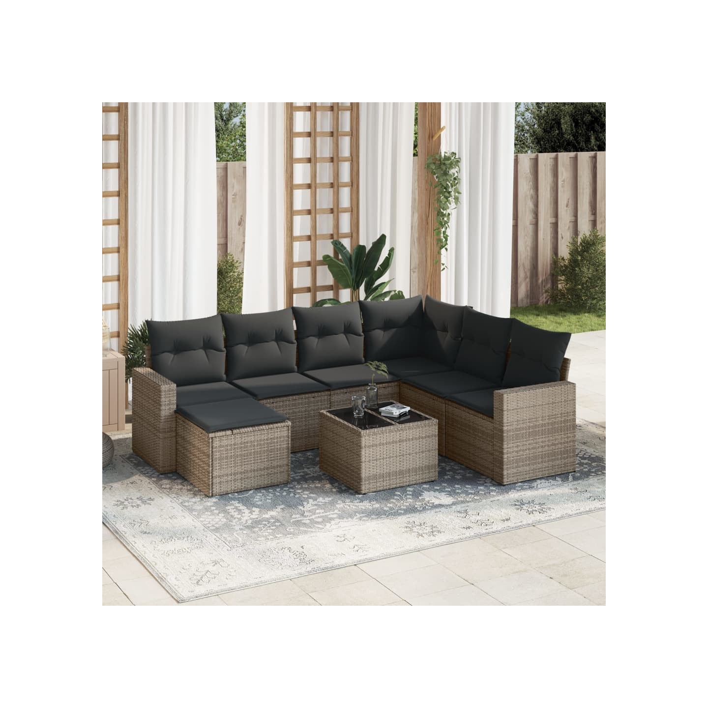 Salon de jardin 8 pcs avec coussins gris résine tressée