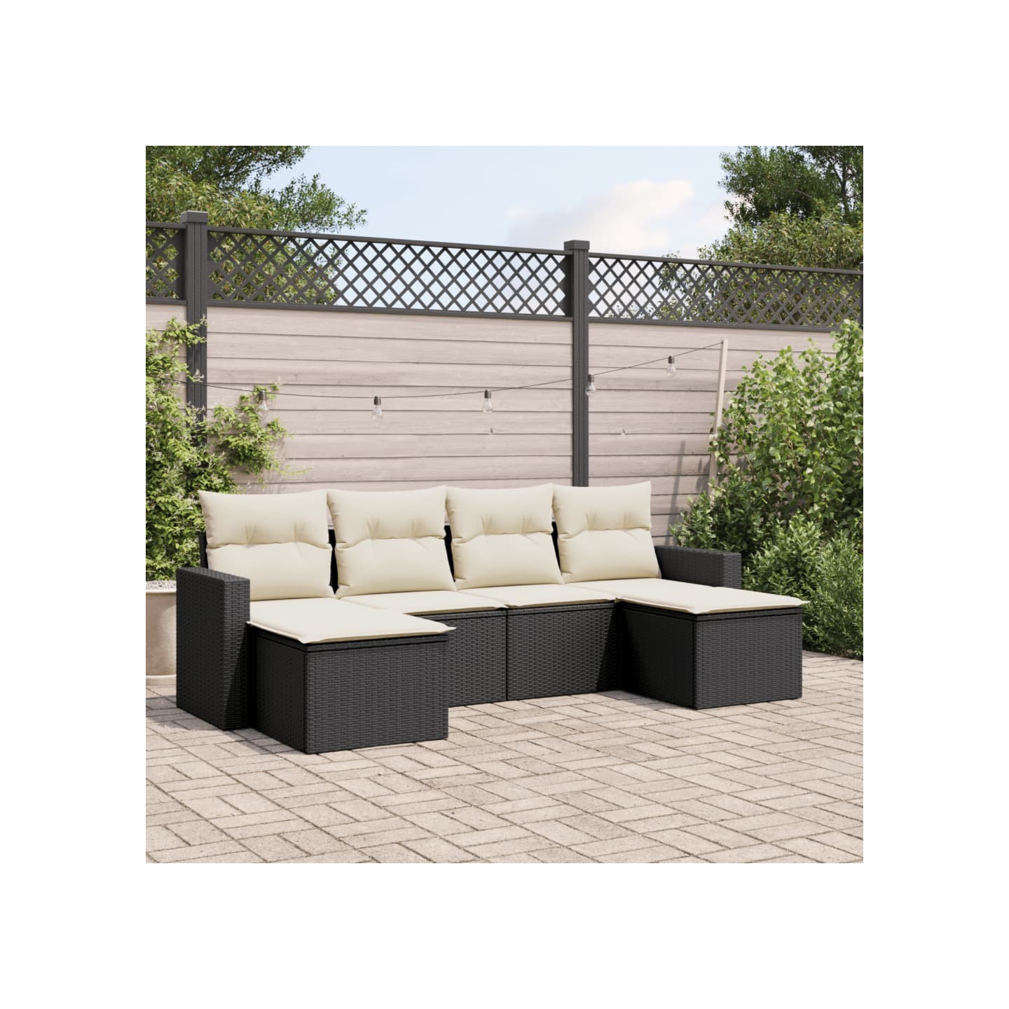 Salon de jardin 6 pcs avec coussins noir résine tressée